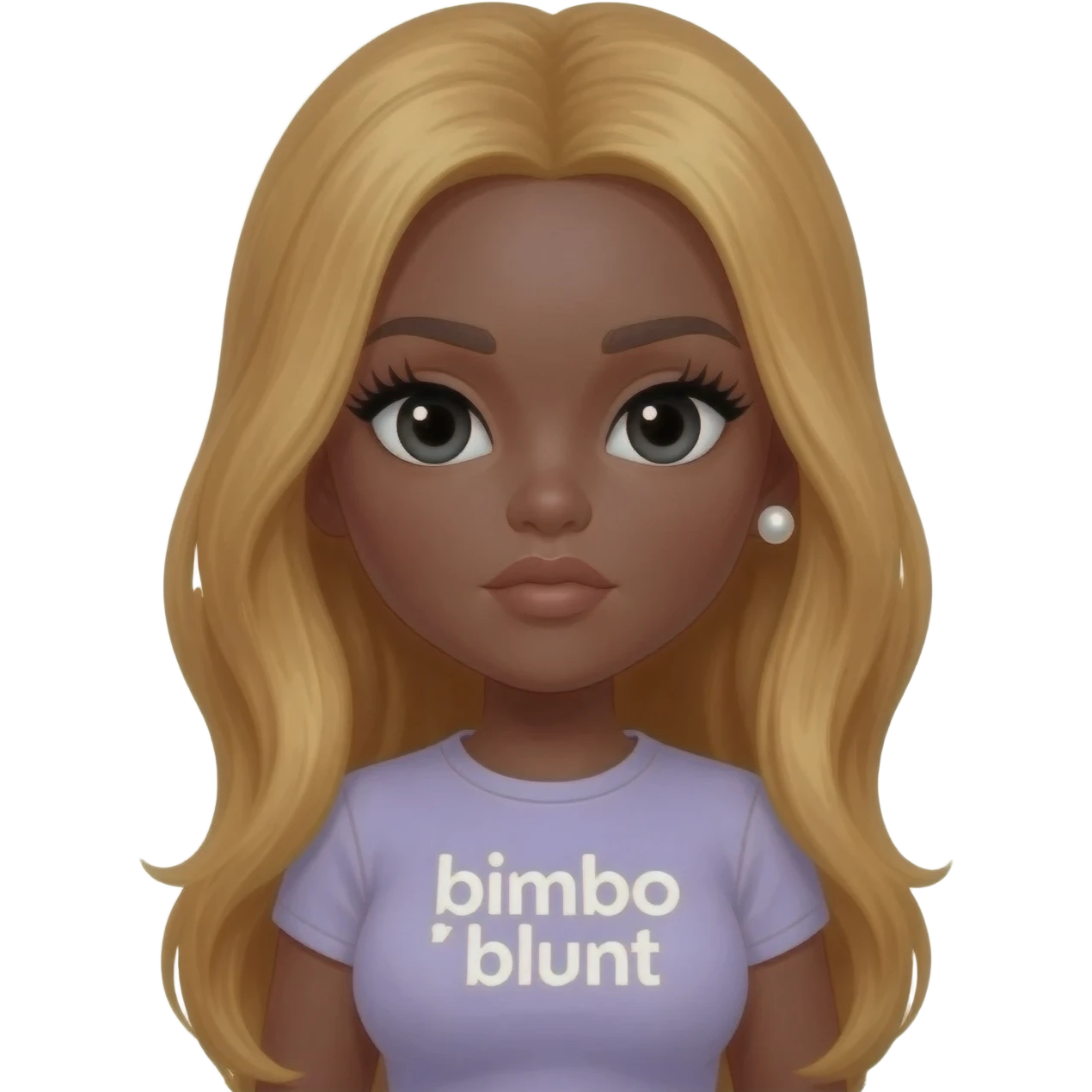 doll body , dark brown eyebrows, dark skin girl, pearl earring stud, Long giant lashes, bimbo, black doll eyes, barbie, dark brown skin, with honey blonde hair, big breast, t shirt says “bimbo blunt” emoji
