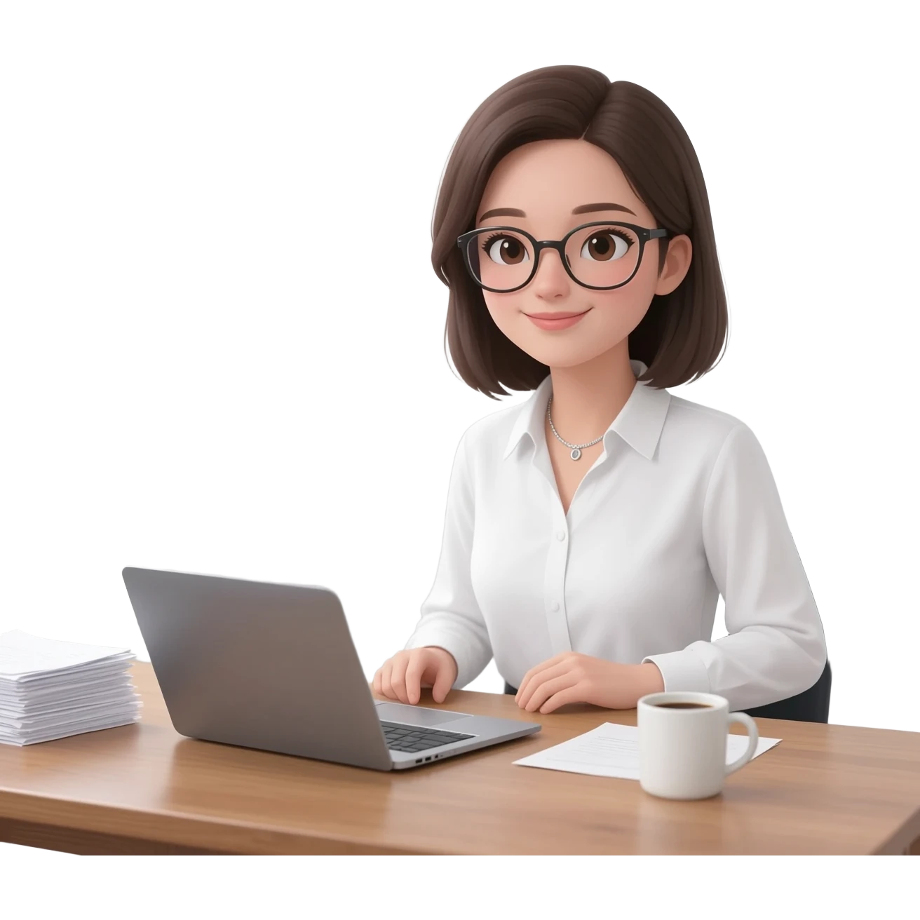 Asistente mujer con camisa manga larga blanca, sin lentes en escritorio con computadora, medio cuerpo imagen tipo emoji emoji