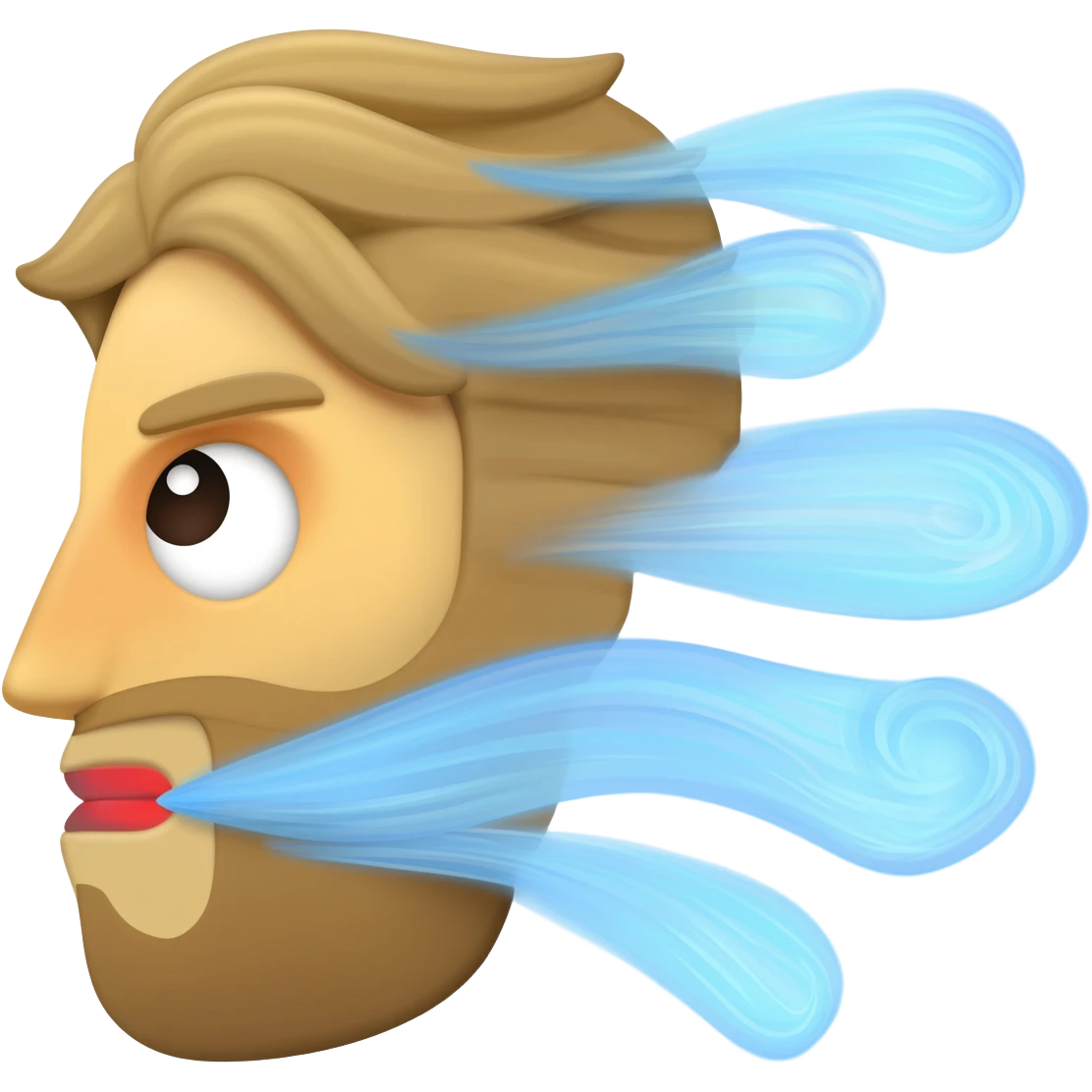 A high-resolution, stylized emoji illustration, in left-profile view, of a classic personified wind or "Boreas" face. A powerful stream of wind emanates from its puckered mouth, forming four distinct, swirling, light-blue-and-white stylized vapor trails that curl back on themselves. emoji
