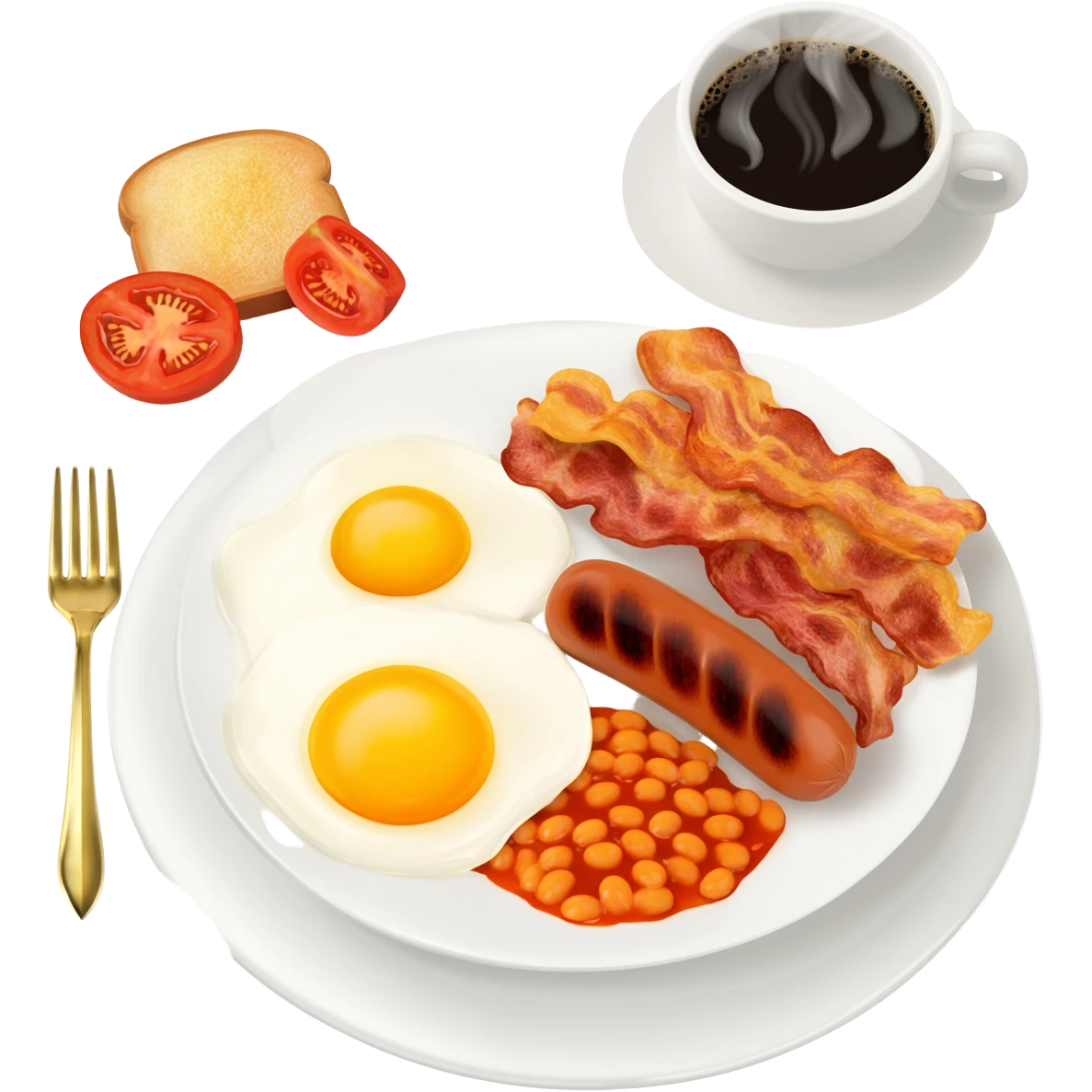 English breakfast full English breakfast with two eggs, bacon, sausage, beans, toast, and tomato оn a beautiful white plate with a gold fork and cup of coffee emoji