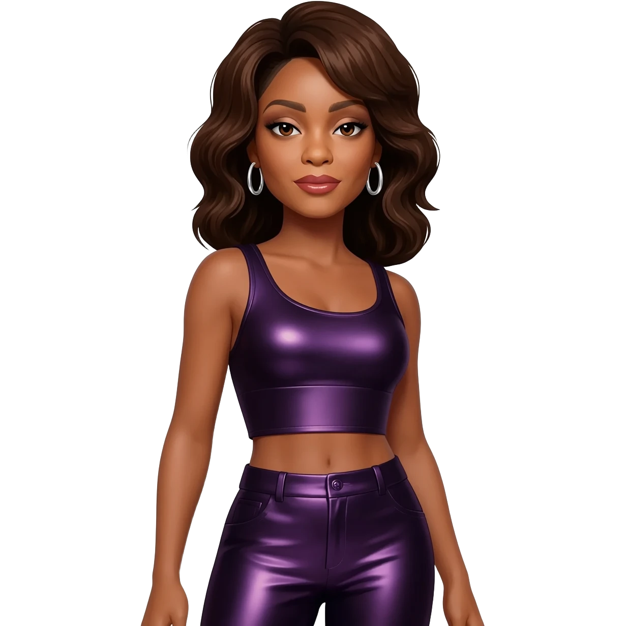 Whitney Houston with dark brown hair, dark purple metallic crop top, dark purple metallic pants, silver earrings emoji