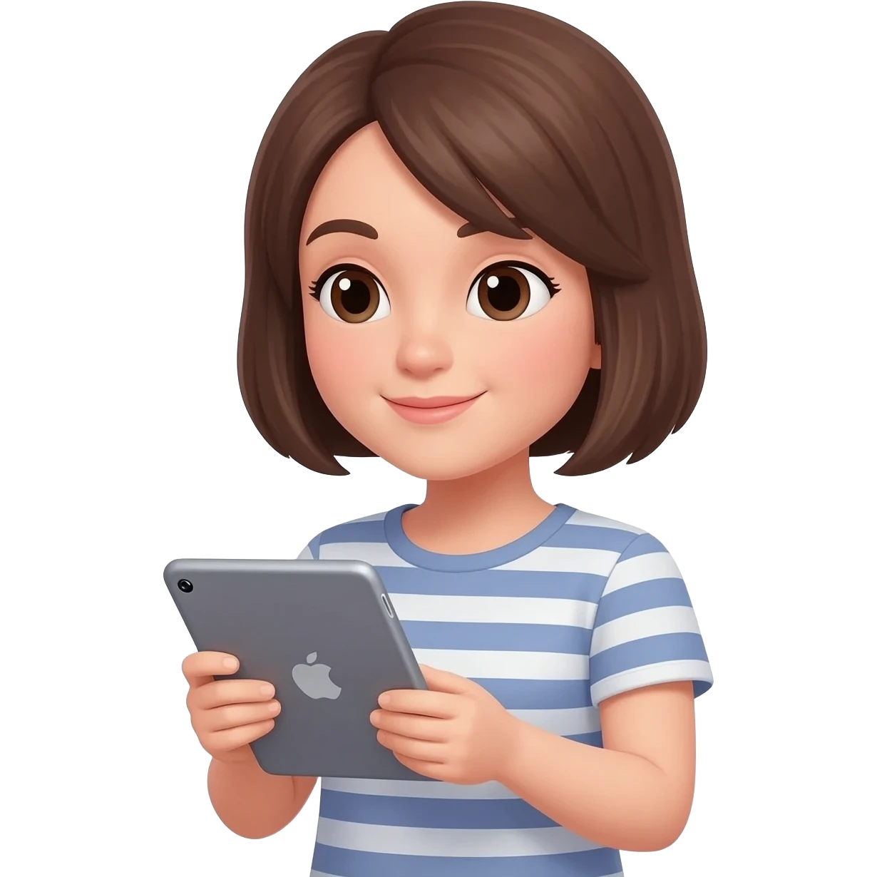 Brune aux cheveux court qui prend son temps avec son iPad emoji