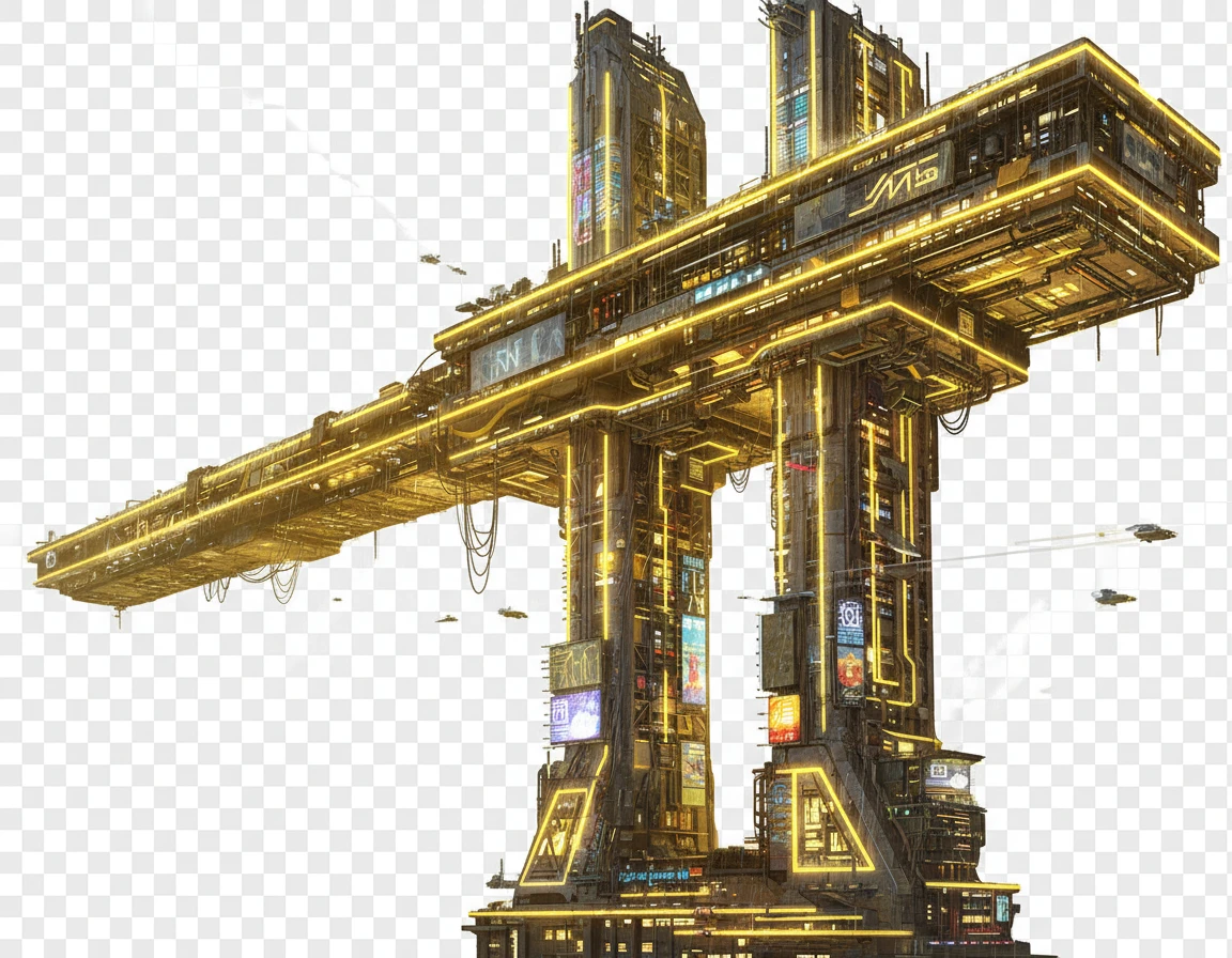 Стилизуй этот горизонтальный небоскреб под Москва-Сити с желтым свечением-подсветкой. Он должен смотреться как из киберпанка. Сделай его 2 стойки нереально высокими, расстояние между ними большое, а верхнюю горизонтальную часть - длиннее.

Фотореализм. Прозрачный фон emoji