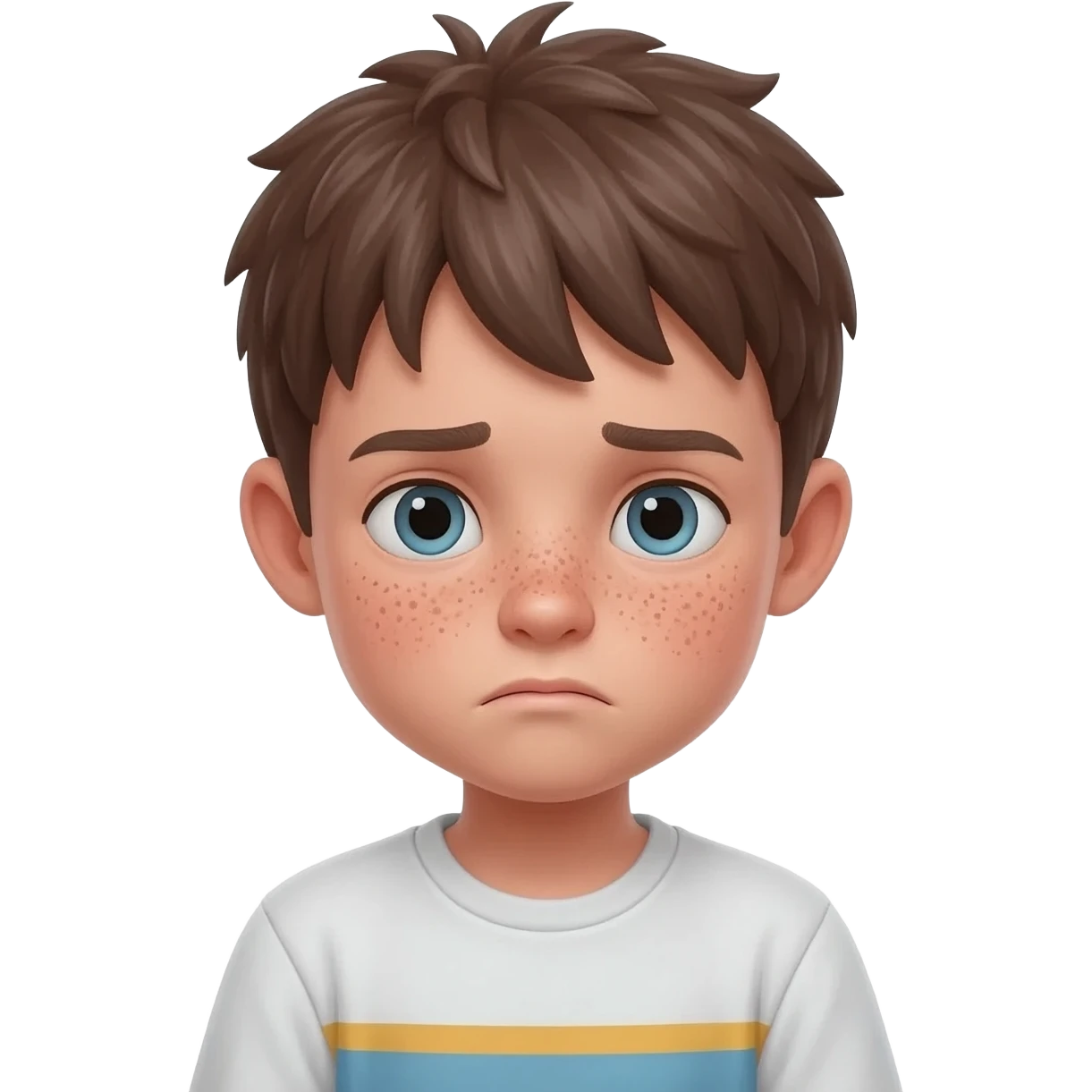 una niño con pelo corto i con pecas, de raza blanca, sentada y aburrida emoji