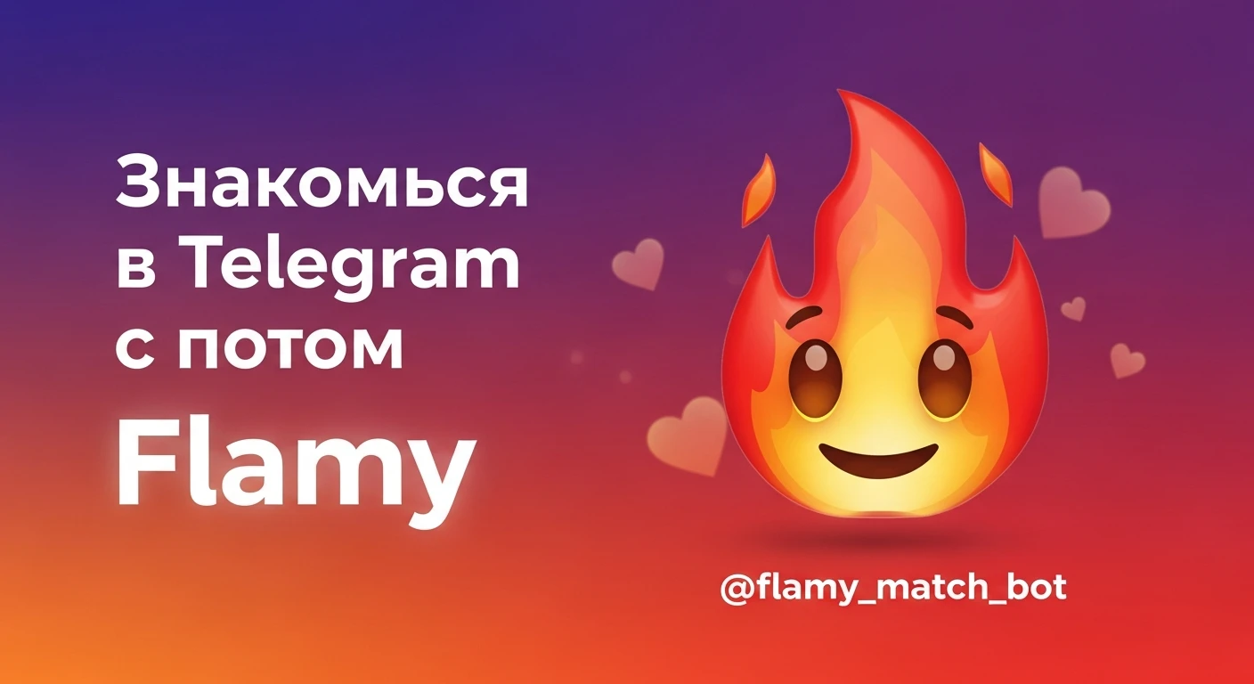 у меня в телеграм бот для знакомств - Flamy. Логотип бота - Emoji огонька. id бота в телегам - @flamy_match_bot. Мне нужно чтобы ты сгенерировал картинку для рекламного поста, чтобы рекламировать бота в других каналах. Добавь текст "Знакомься
в Telegram
с ботом Flamy" emoji
