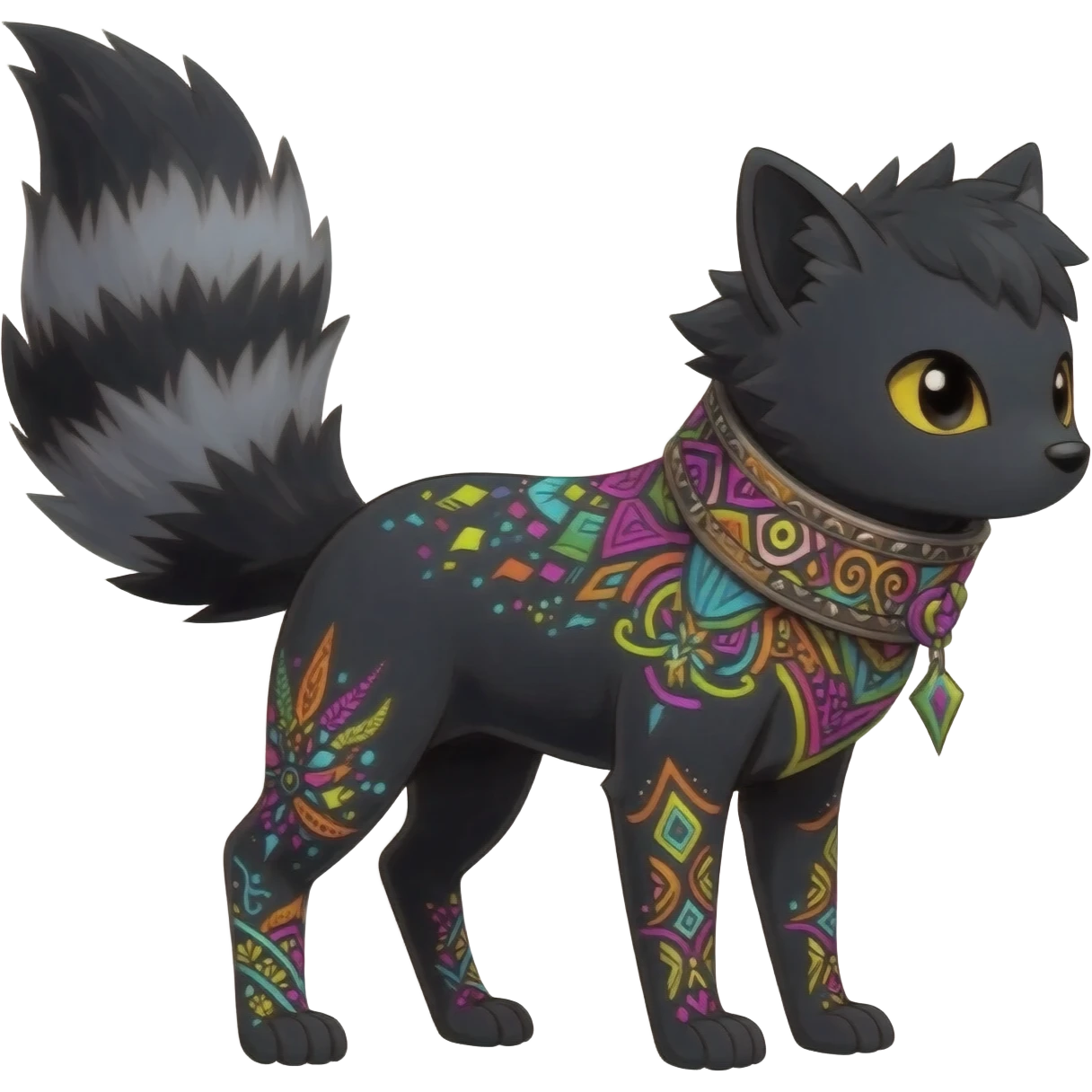 Rare charcoal-black exotic cute epic aesthetic gothic colorful Salandit-Eevee-Civet-species-Fakemon-hybrid-creature, with a collar, and with intricate colorful tribal markings, full body emoji