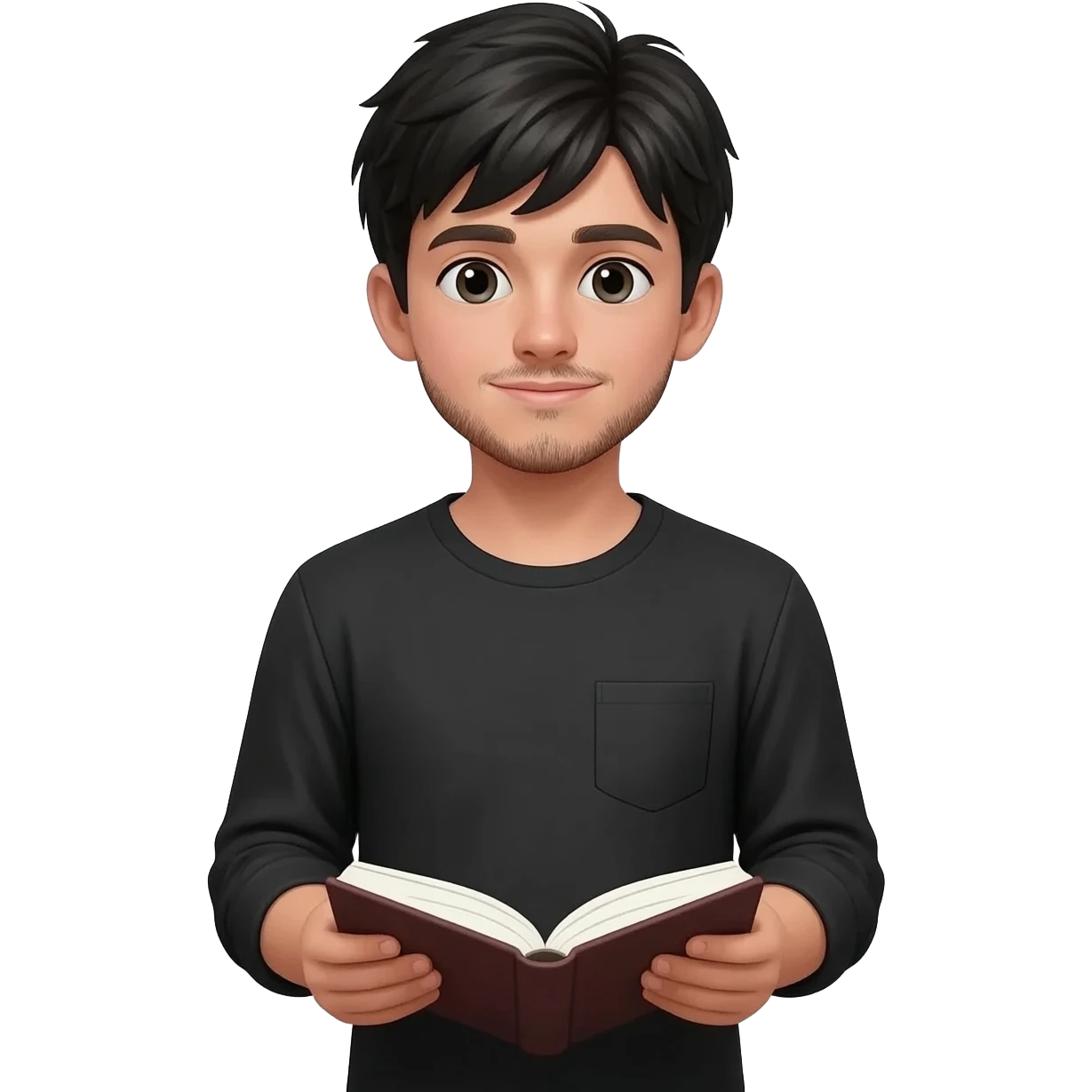 create emoji of boy with fair skin, middle parted hair black, some facial hair, wearing a full sleeved black shirt and holding an book with accounts written on it emoji