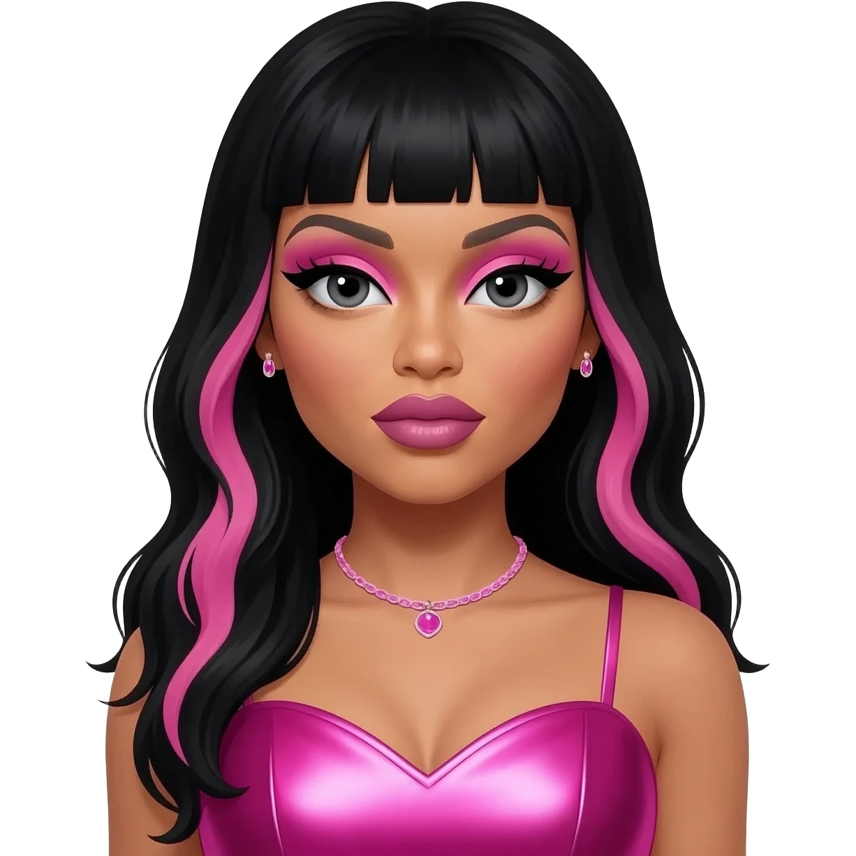 Nicki Minaj with dark grey eyes, long black hair with pink highlights, pink eyeshadow and lipstick, hot pink metallic sweetheart dress, pink necklace and short earrings emoji