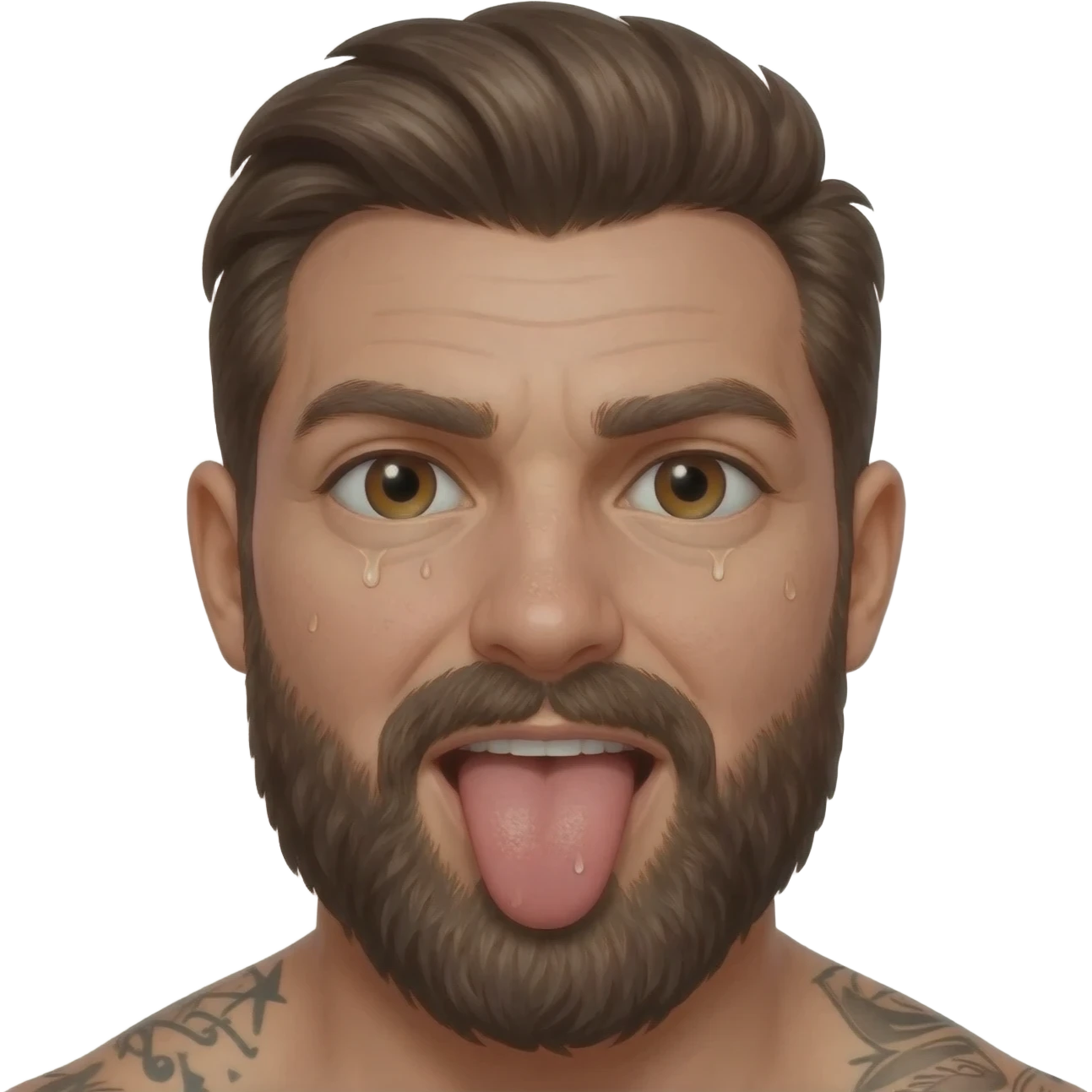 Male brunette, brown eyes beard, tattoos, nude, sweating with tongue out emoji