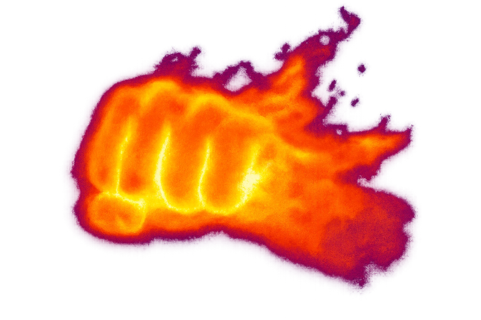 a fist punching forward with fire effects, thermal camera style, vivid heat signatures emoji