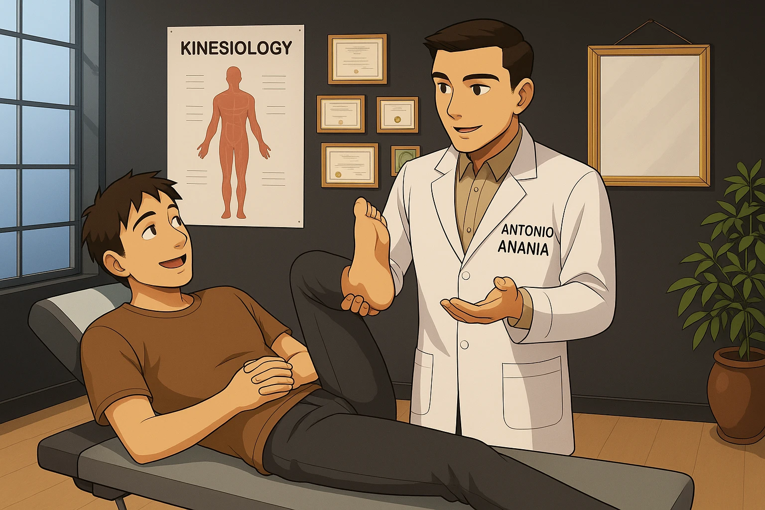 su questo lettino rappresenta un webtoon manga a colori con questo stile, in cui un uomo è steso sul lettino medico e il kinesiologo con il camice bianco (fagli anche la scritta "ANTONIO ANANIA" SUL CAMICE, gli solleva una gamba per fargli il test neuromuscolare, IL KINESIOLOGO SPIEGA ALL'UOMO UNA cosa mentre gli alza la gamba. l'espressione dell'uomo è felice e soddisfatta, non fare i fumetti però, fai solo in modo che sembri stiano parlando emoji