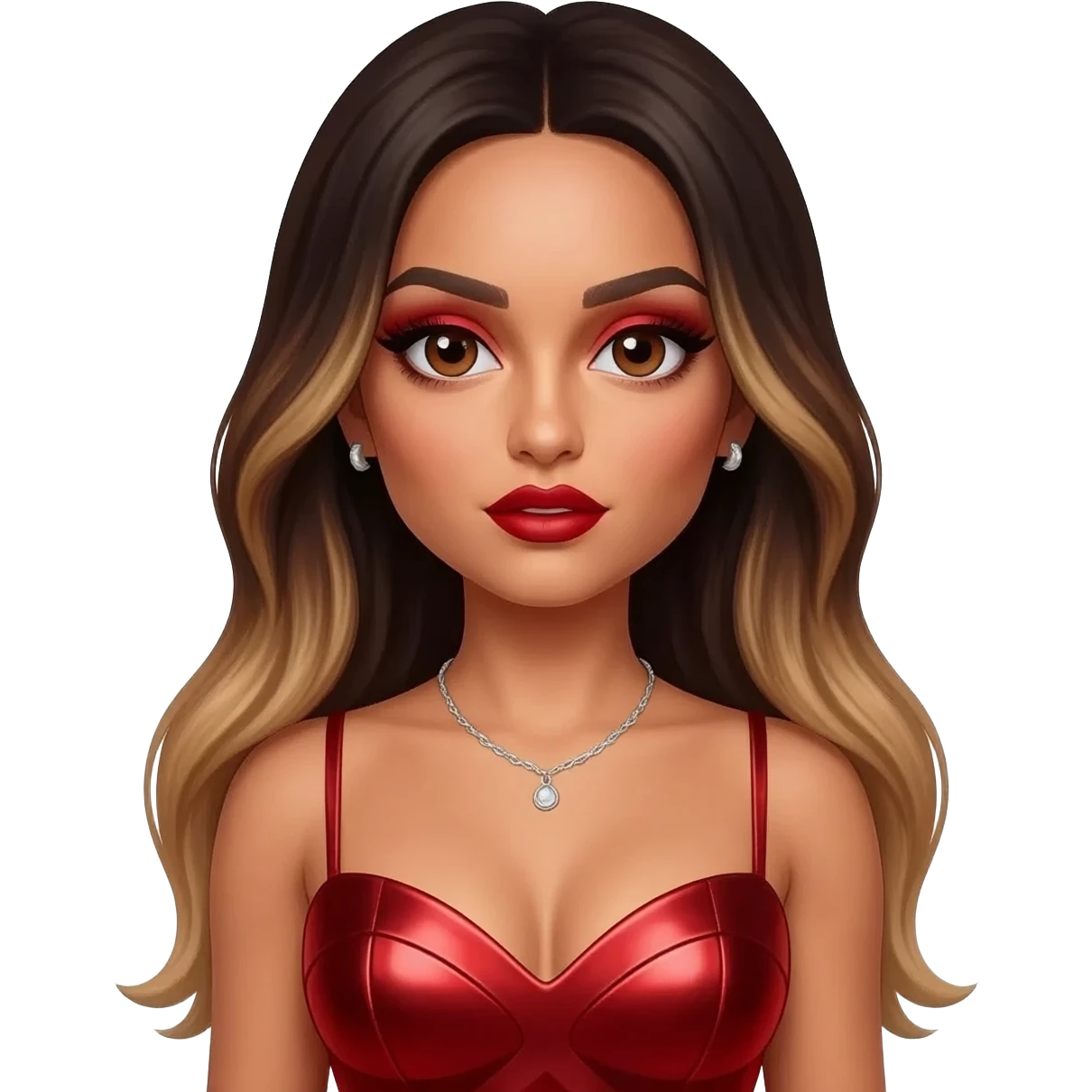 Jade Thirlwall from Little Mix with brown eyes, long dark brown hair with blonde highlights, red eyeshadow and lipstick, red metallic sweetheart dress, silver necklace with earrings emoji
