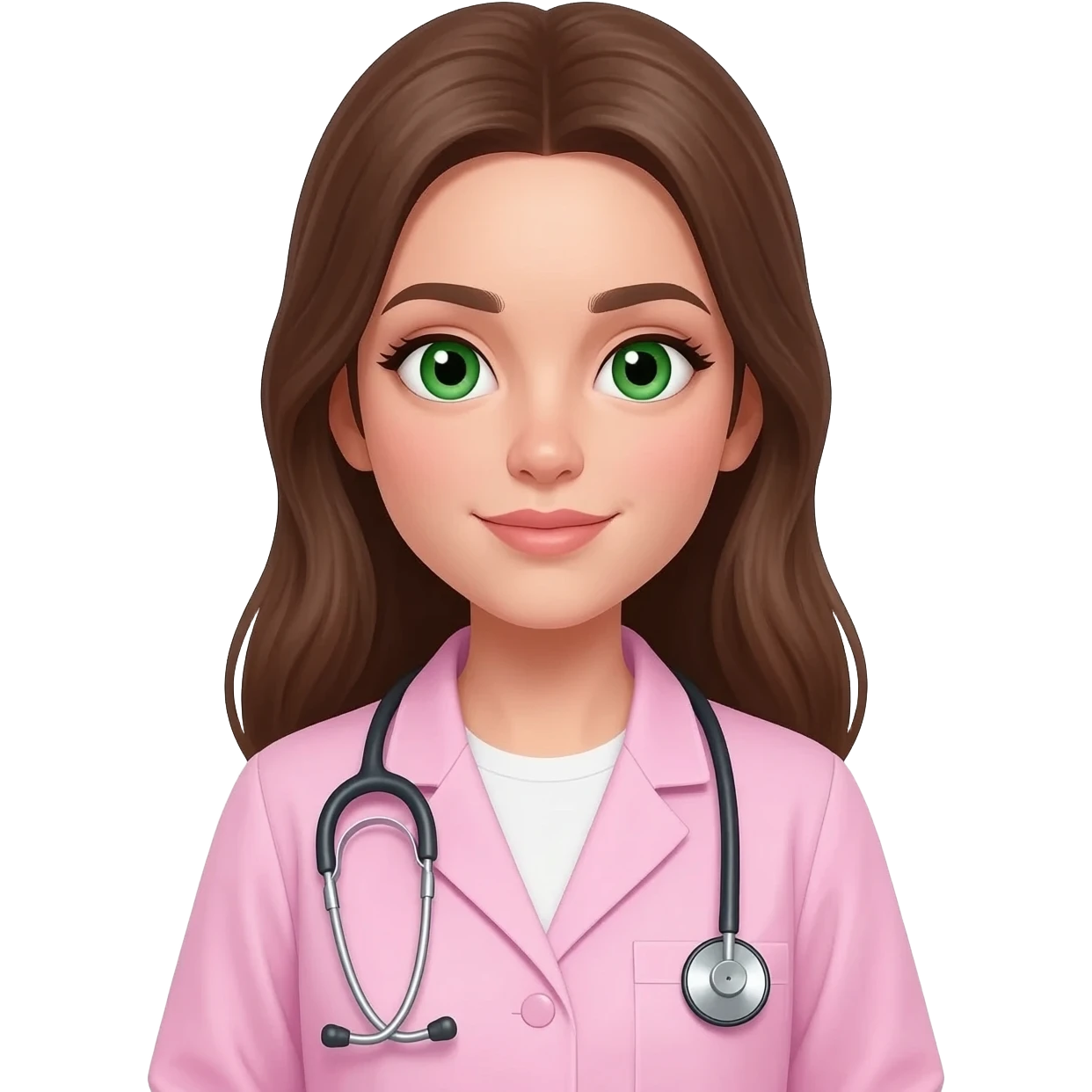 A girl veterinarian with long brown hair green eyes in a pink coat with a stethoscope emoji
