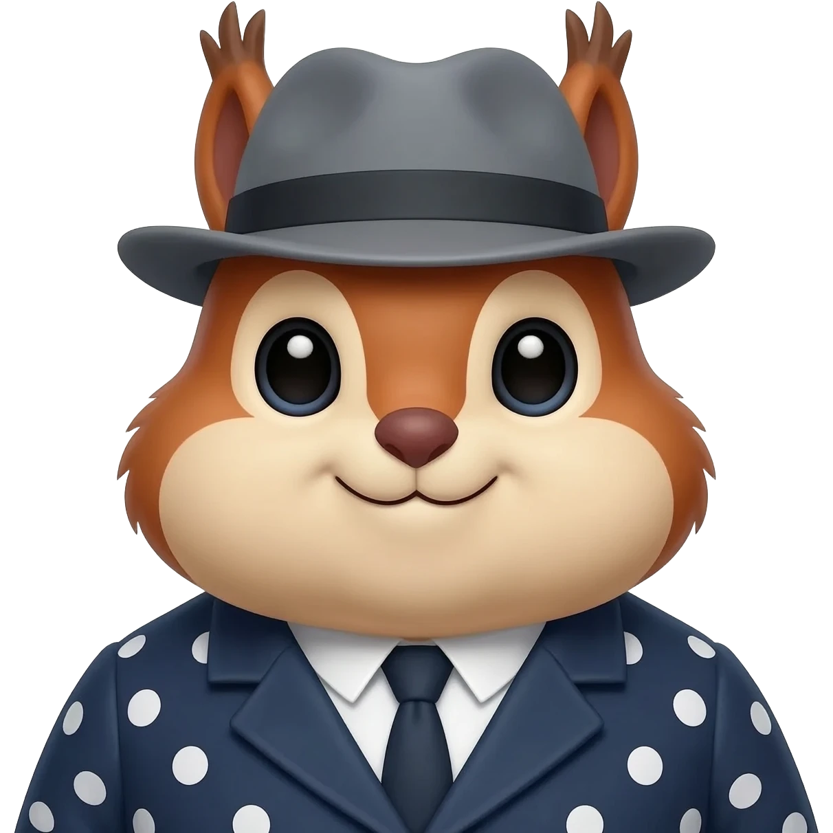 A close-up 3D render of a stylized, plump squirrel emoji head. It has a glossy, expressive Apple-style finish with soft, rounded edges. The squirrel wears the same grey fedora and dark blue polka-dot coat. Wide-eyed, friendly expression. emoji