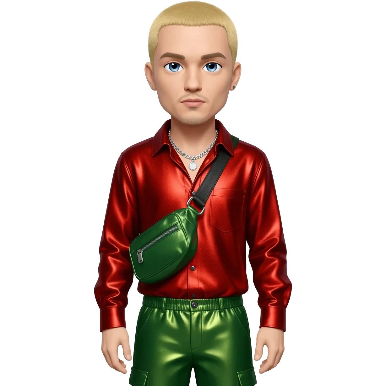 Eminem with blue eyes, blonde short hair, red metallic shirt, green metallic baggy pants, silver necklace emoji