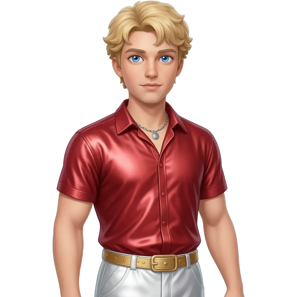 Eros from Greek Mythology with blue eyes, blonde hair, red metallic shirt, white metallic baggy pants, silver necklace emoji