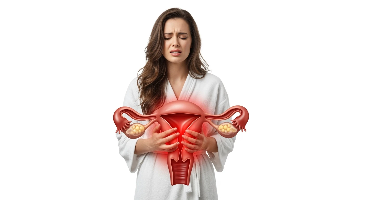 donna a figura intera con utero umano realistico in 3d in evidenza dolorante, espressione di dolore in volto, sfondo bianco, non farla computerizzata, ma iperrealistica 4k, sfondo bianco emoji