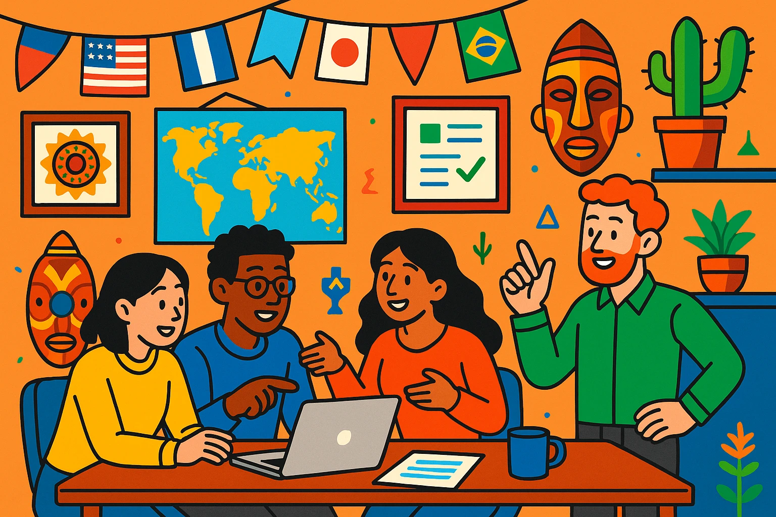 A team collaborating in an office decorated with international flags and cultural elements, vibrant cartoon style emoji