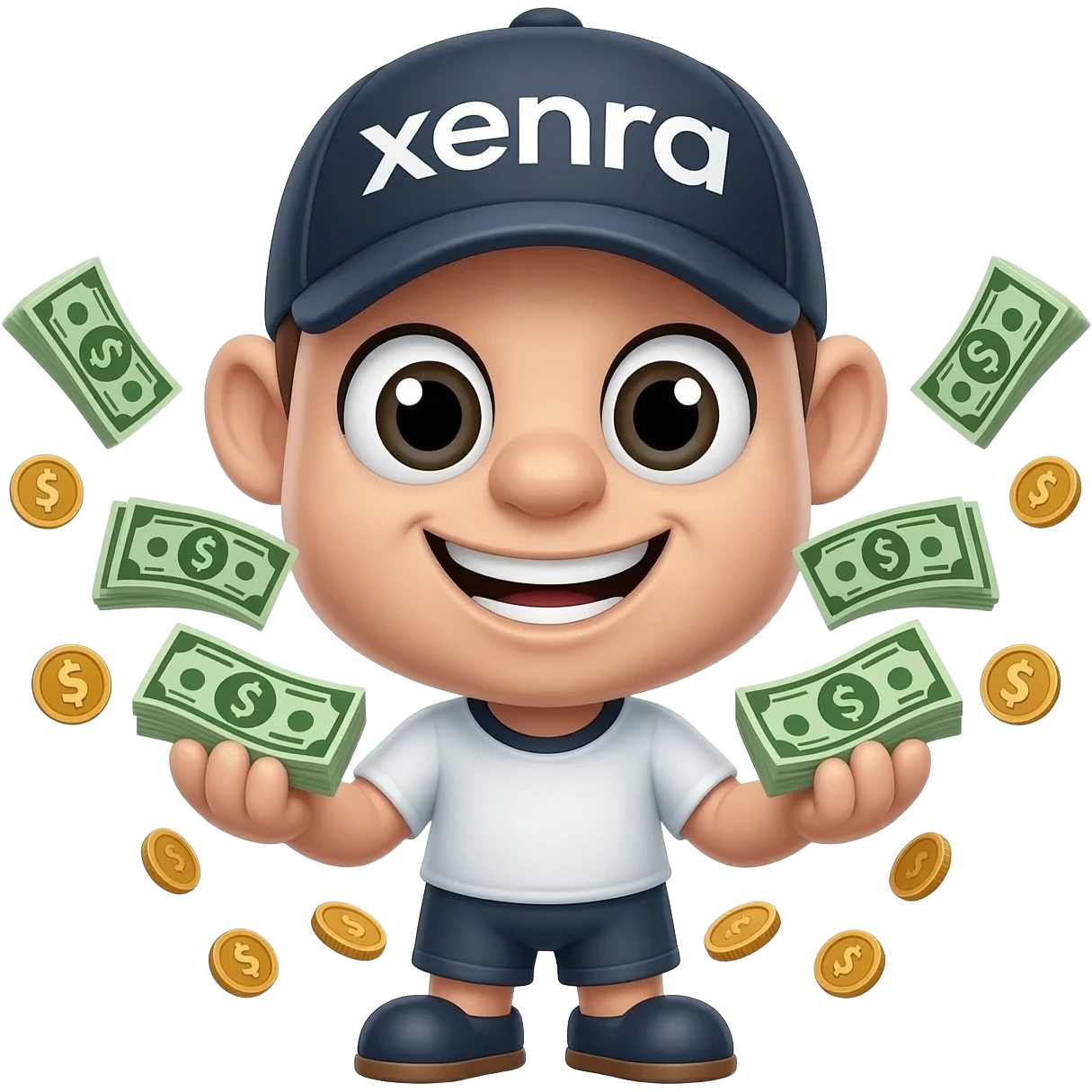 Маскот держит деньги или вокруг него летят купюры и монеты. Выражение лица довольное и уверенное. Тематика богатства и заработка. Темно-белая шапка. Надпись «xenra». emoji