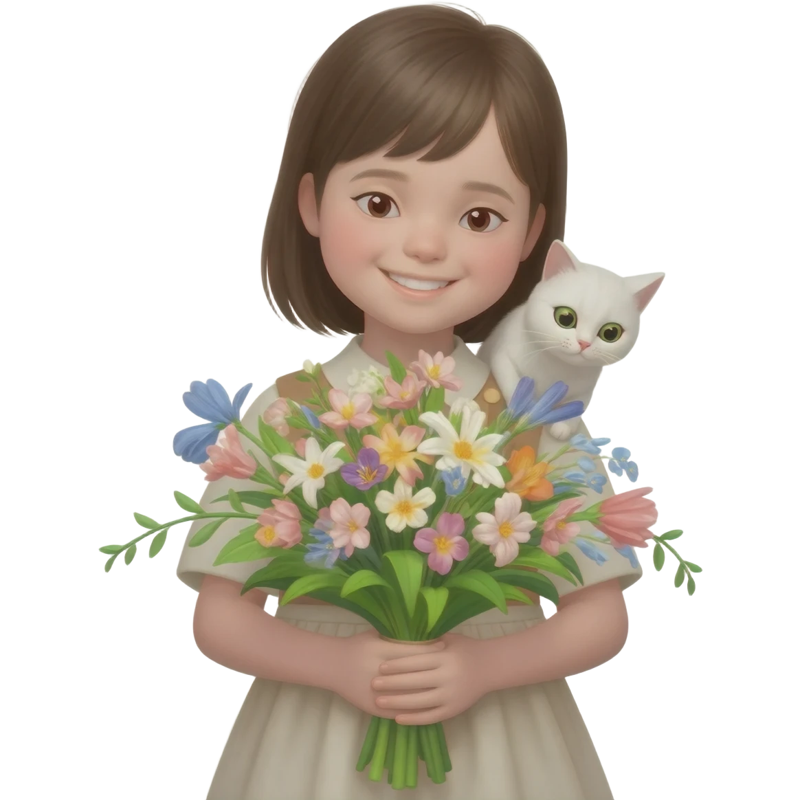 Малко момиче с букет пролетни цветя и малко бяло коте emoji