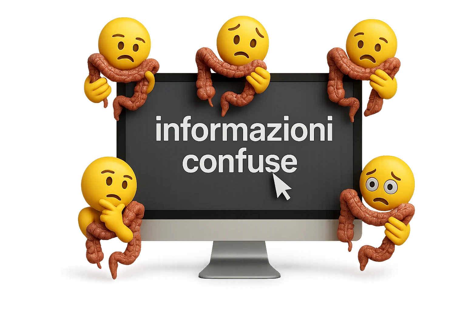 SCHERMO DI PC CON LA SCRITTA "informazioni confuse" SULLO SCHERMO E IL CLICK DEL MOUSE SULLA SCRITTA, stile emoji iphone fluttuano in aria stringendo in mano un pezzo di colon intestinale, iperrealistico 4k emoji