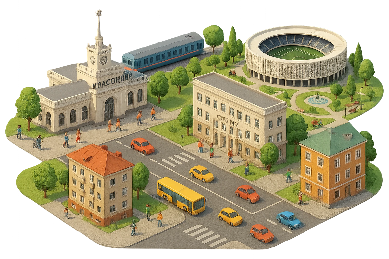Изометричная миниатюрная фотореалистичная 3D модель панорамы Краснодара - вокзал Краснодар, КубГМУ, парк Краснодар со стадионом, краснодарские дома, автотранспорт четкие линии, яркие цвета, мультяшный реализм, люди, автотранспорт, компактная композиция, вид сверху в изометрии, прозрачный фон emoji