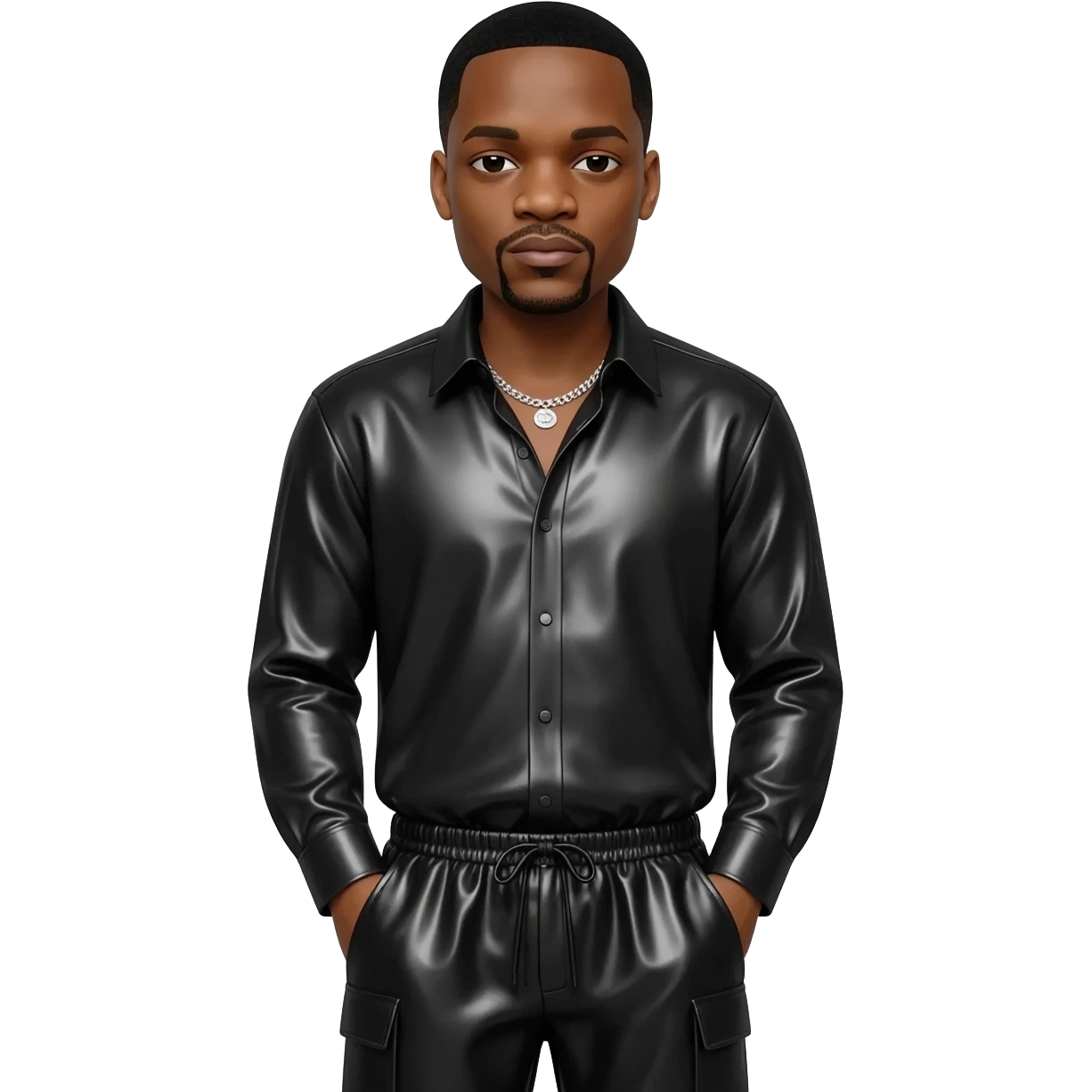 Jay-Z with black hair, black metallic shirt, black metallic baggy pants, silver necklace emoji