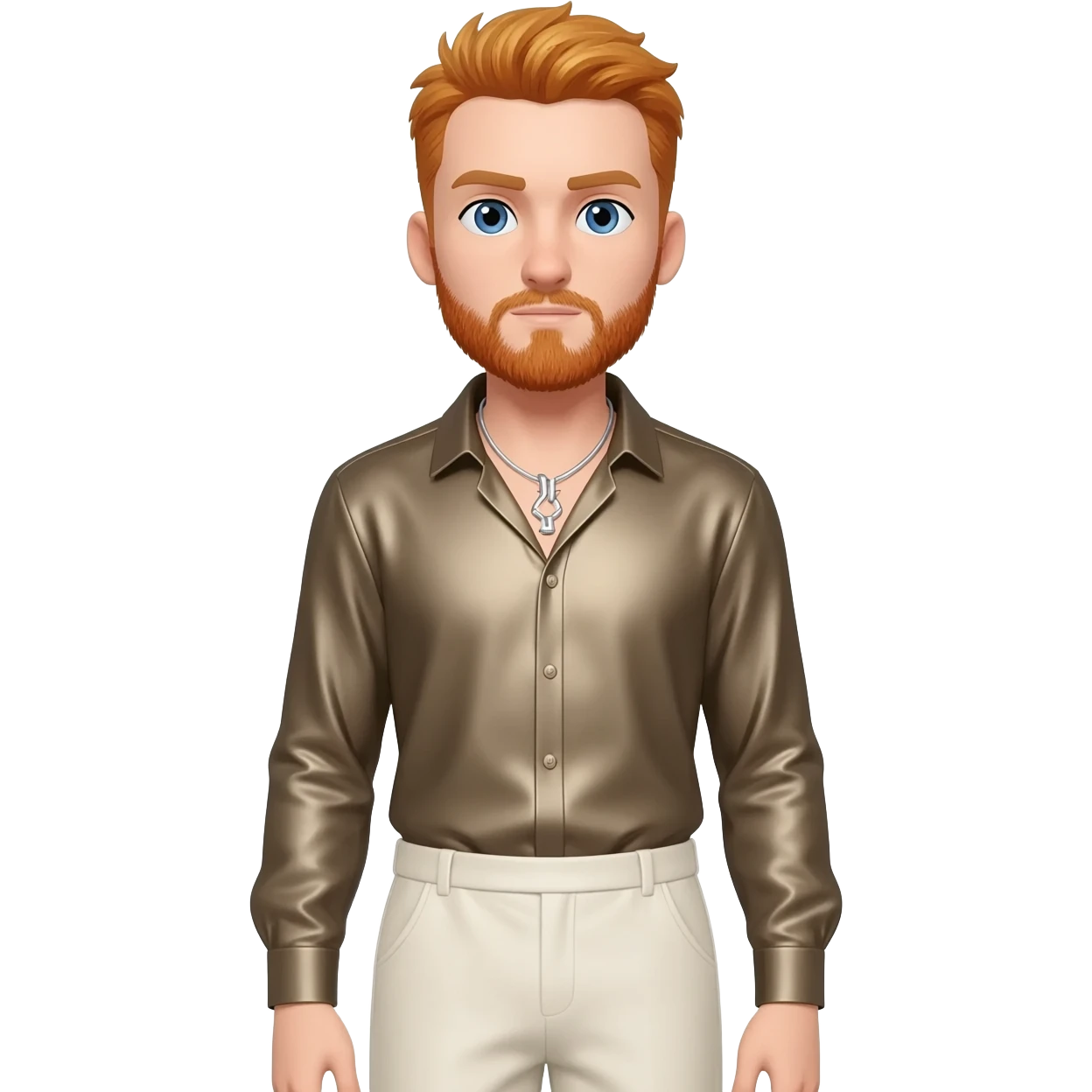 Himbo ASMR with blue eyes, reddish blonde hair and short beard, taupe metallic shirt, ivory metallic baggy pants, silver necklace emoji