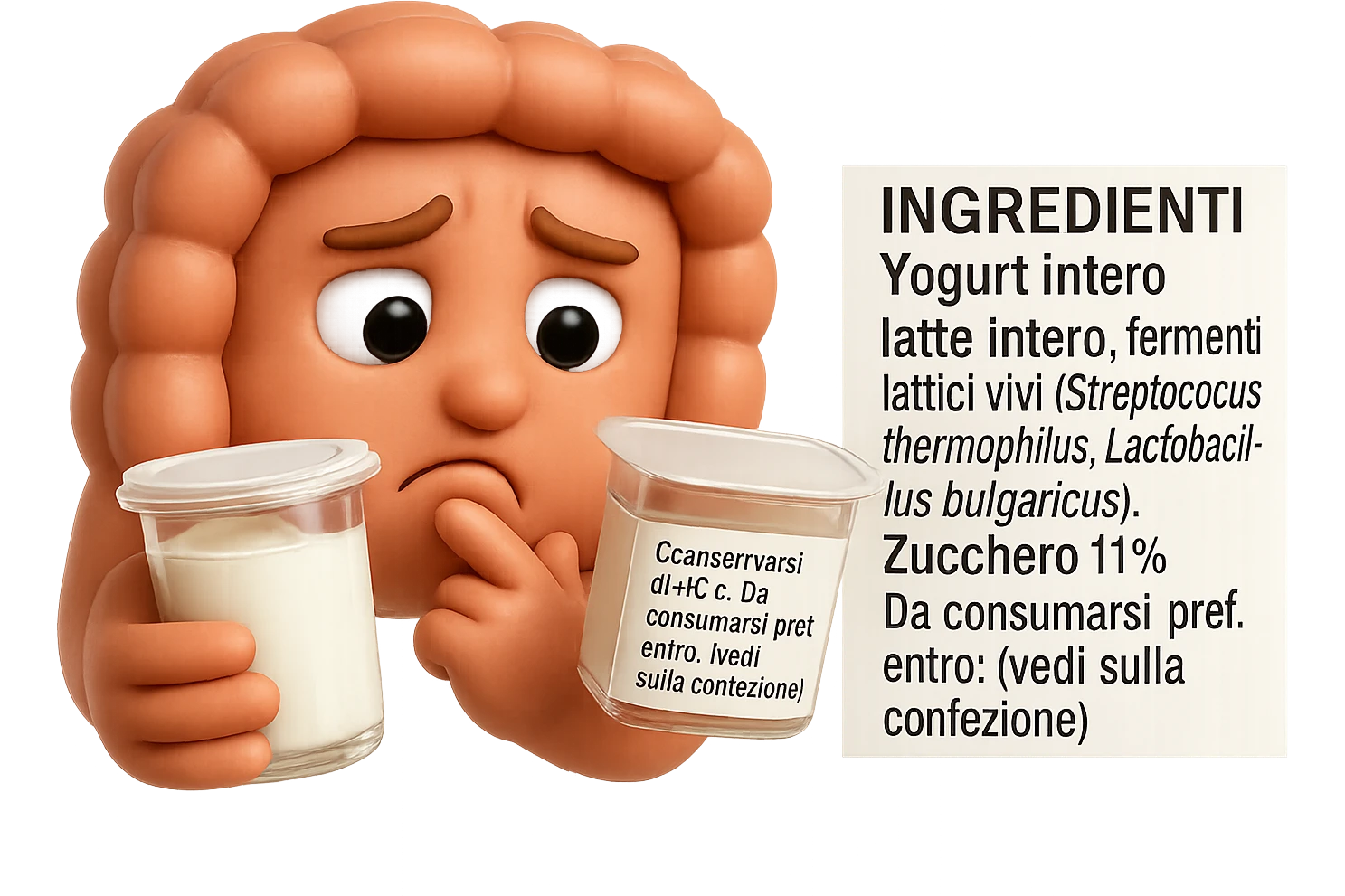 SU QUESTO STILE FAI UN EMOJI STILE IPHONE 3D DI UN INTESTINO CHE HA IN MANO UN BARATTOLO DI YOGURT CONFEZIONATO DA SUPERMERCATO E LEGGE L'ETICHETTA NUTRIZIONALE CON GLI INGREDIENTI IN ITALIANO, ACCANTO ALLO YOGURT CHE HA IN MANO C'è UN FOCUS SULL'ETICHETTA CON GLI INGREDIENTI SCRITTI, FAGLI UN ESPRESSIONE CONFUSA MENTRE LEGGE E FALLO MOLTO REALISTICO IN 3D emoji