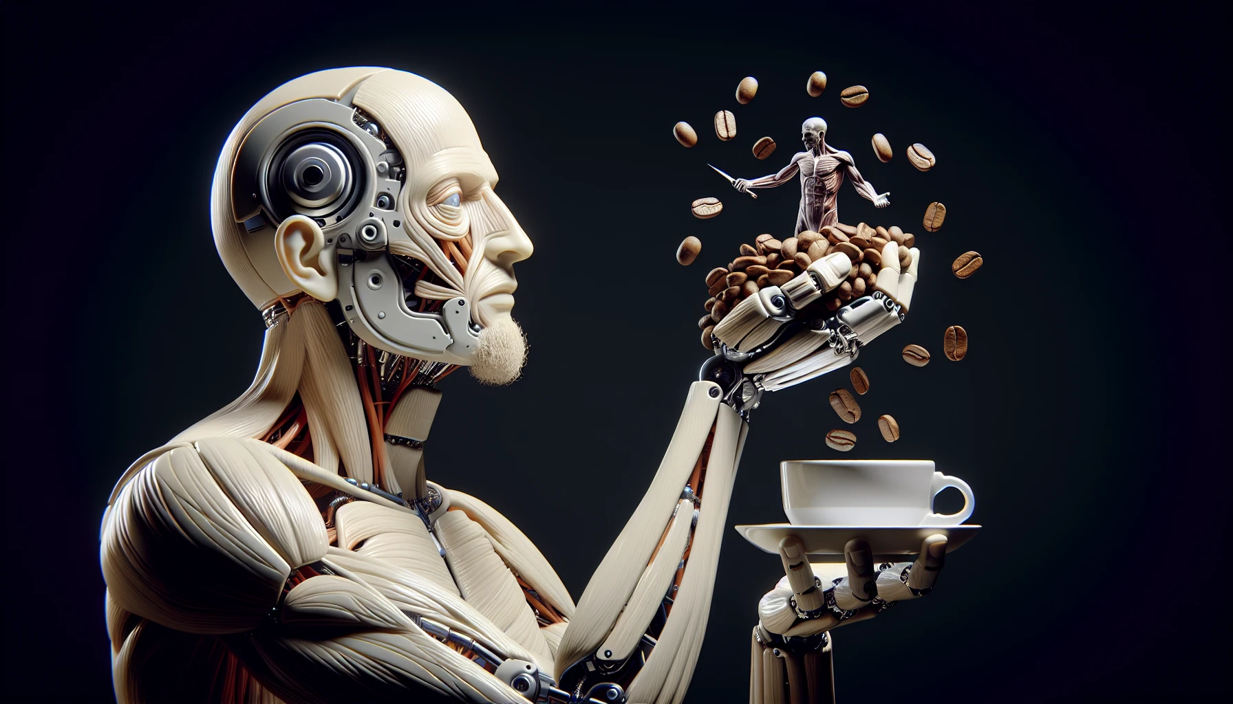 corpo umano anatomico che tiene in mano una manciata di chicchi di caffè e la guarda come se fosse dipendente da essa, stralunato, iperrealistico 4k emoji