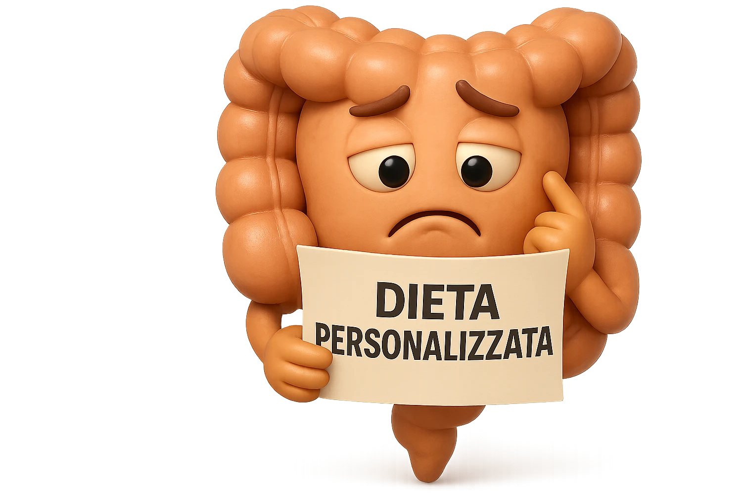 emoji stile iphone 3d di un intestino con mal di pancia che legge un foglio con la scritta "DIETA PERSONALIZZATA", ESPRESSIONE PENSIEROSA, iperrealistico 4k emoji