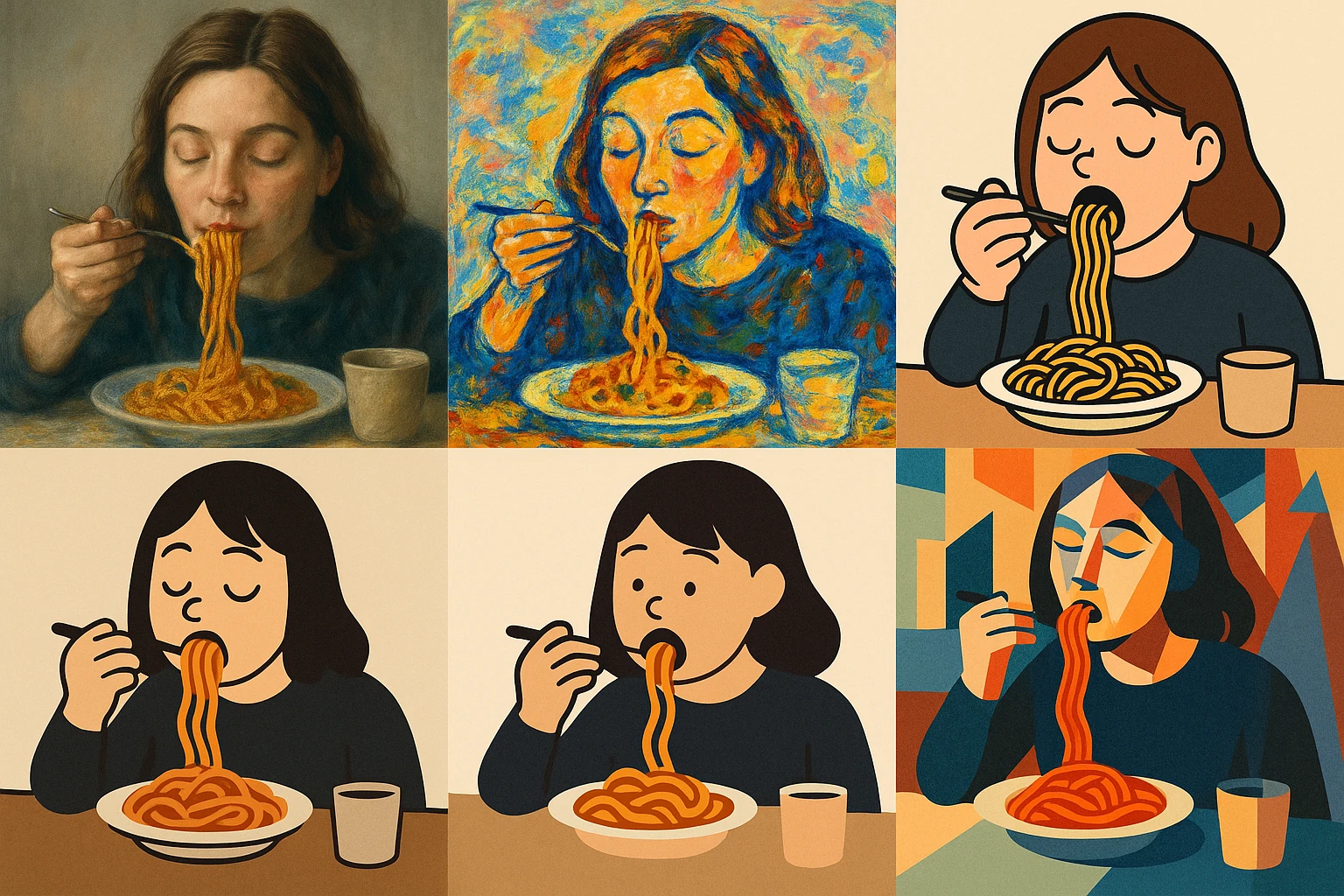a woman eating food, diverse styles, scene 3 emoji