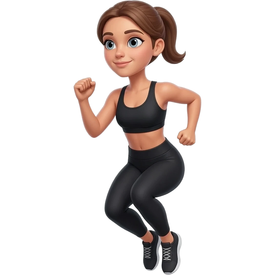 jumping jacks, fair-skinned woman, light gray-blue eyes, ash brown brows, ash light brown hair tied back, slim athletic body, black workout set emoji