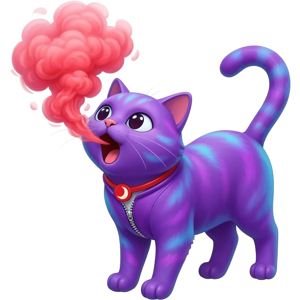 A purple cat spraying red smoke out its mouth with a crisant moon neckless with a zipper on its chest emoji