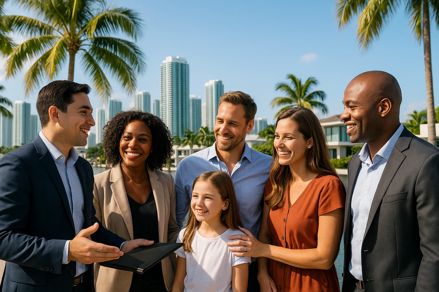 Foto hiper realista que refleje a nuestro cliente ideal de real estate: Profesionales y familias en transición Que desean mudarse a Miami o adquirir una segunda residencia, guiados por un equipo que habla su idioma —literal y figurativamente. emoji