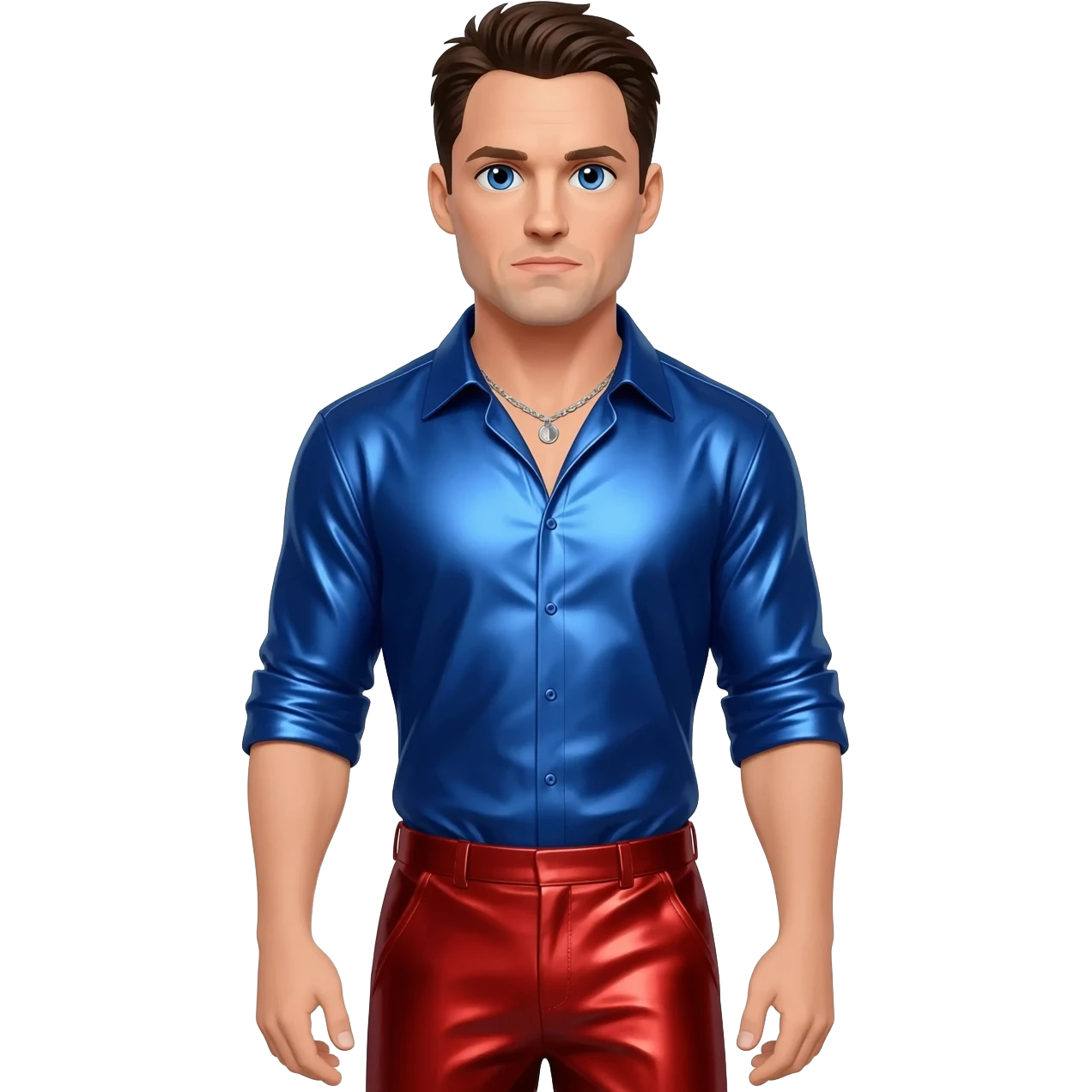 Henry Cavill with blue eyes, dark brown hair, blue metallic shirt, red metallic baggy pants, silver necklace emoji