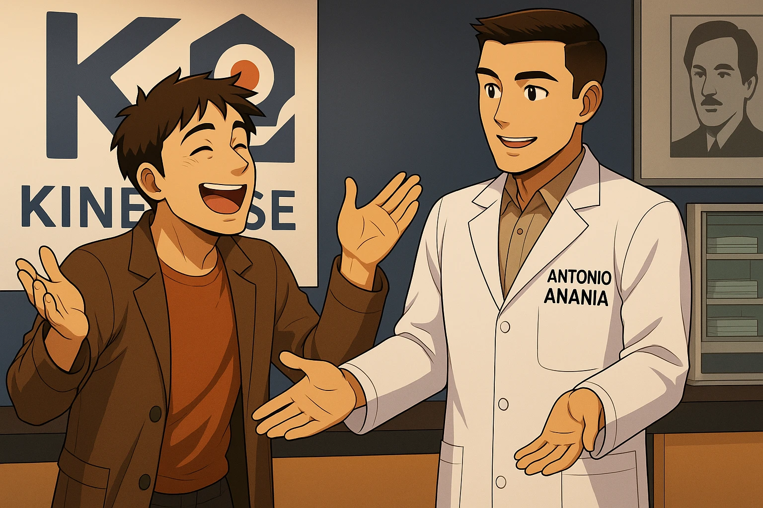  rappresenta un webtoon manga a colori con questo stile, in cui un uomo esclama una cosa entusiasta al kinesiologo con il camice bianco (fagli anche la scritta "ANTONIO ANANIA" SUL CAMICE), IL KINESIOLOGO lo aspetta a braccia aperte. l'espressione dell'uomo è felice e soddisfatta, non fare i fumetti però, fai solo in modo che sembri stiano parlando emoji