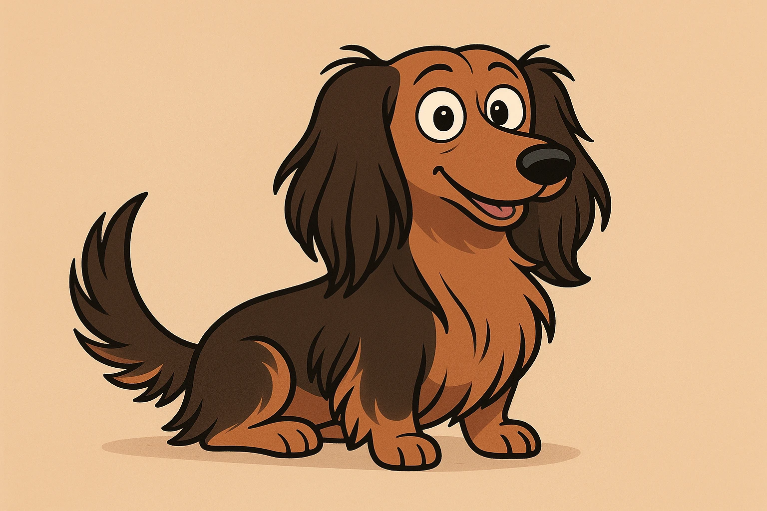 cartoon style long-haired dachshund dog, cute, colorful, playful emoji