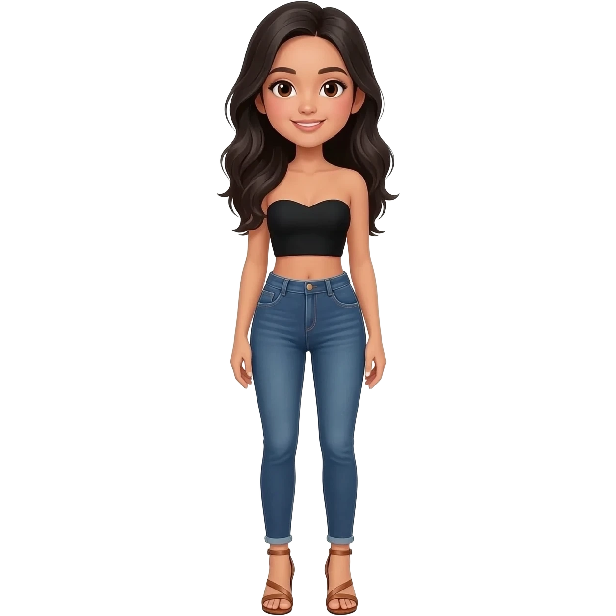 Filipino girl black bra strapless top and low waisted denim jeans  with feet stand straight body wear pageant high heels sandals brown emoji