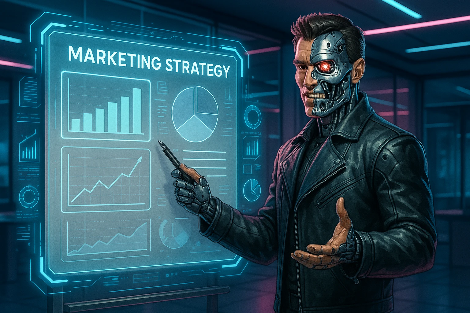 A half-human, half-Terminator character enthusiastically presenting a marketing strategy on a whiteboard, with futuristic tech elements emoji
