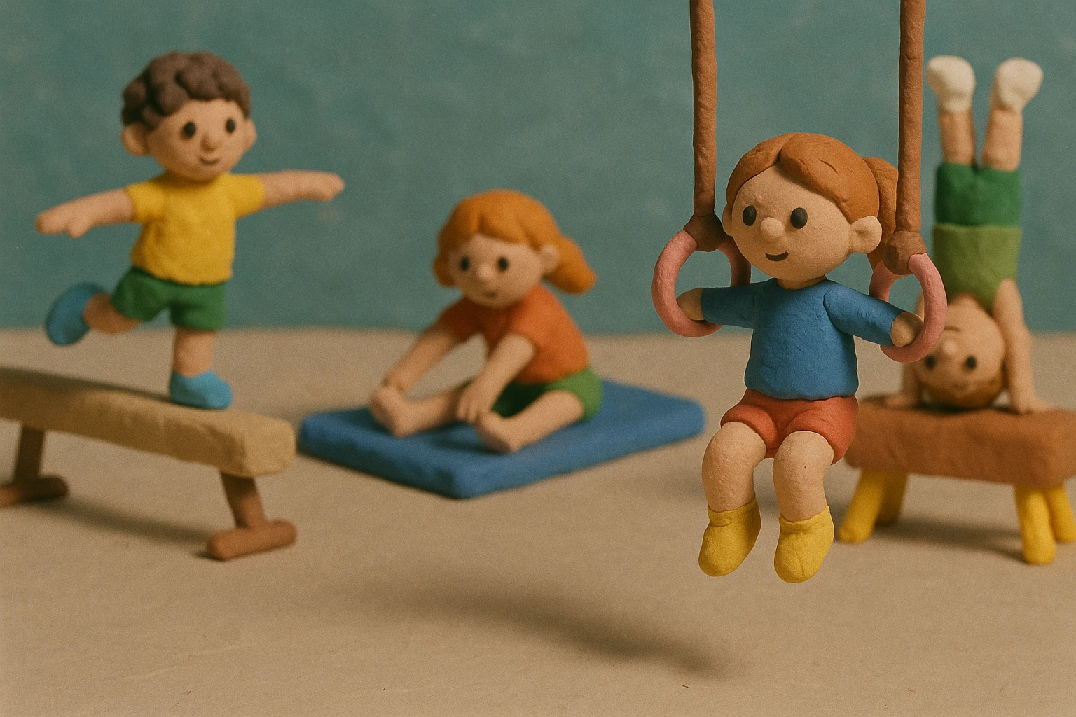 Kids doing gymnastics, matte, plasticine claymation with visible fingerprints and pastel colors. emoji