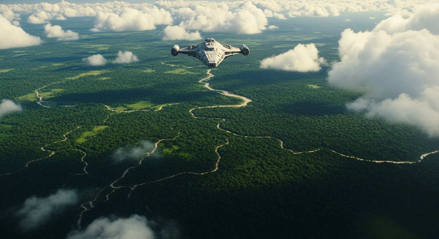 cinematic still, establishing shot, shot from top, amazon jungle from top,  starship around clouds, inspired by StarWars movie, captured by arri alexa emoji