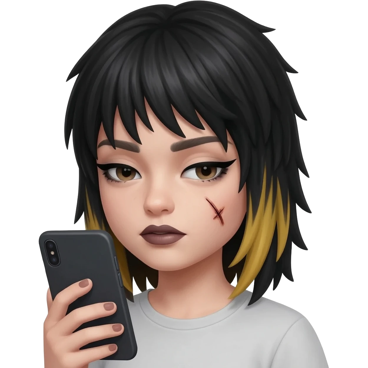 A yellow emoji of a emo haircut girl on her phone emoji