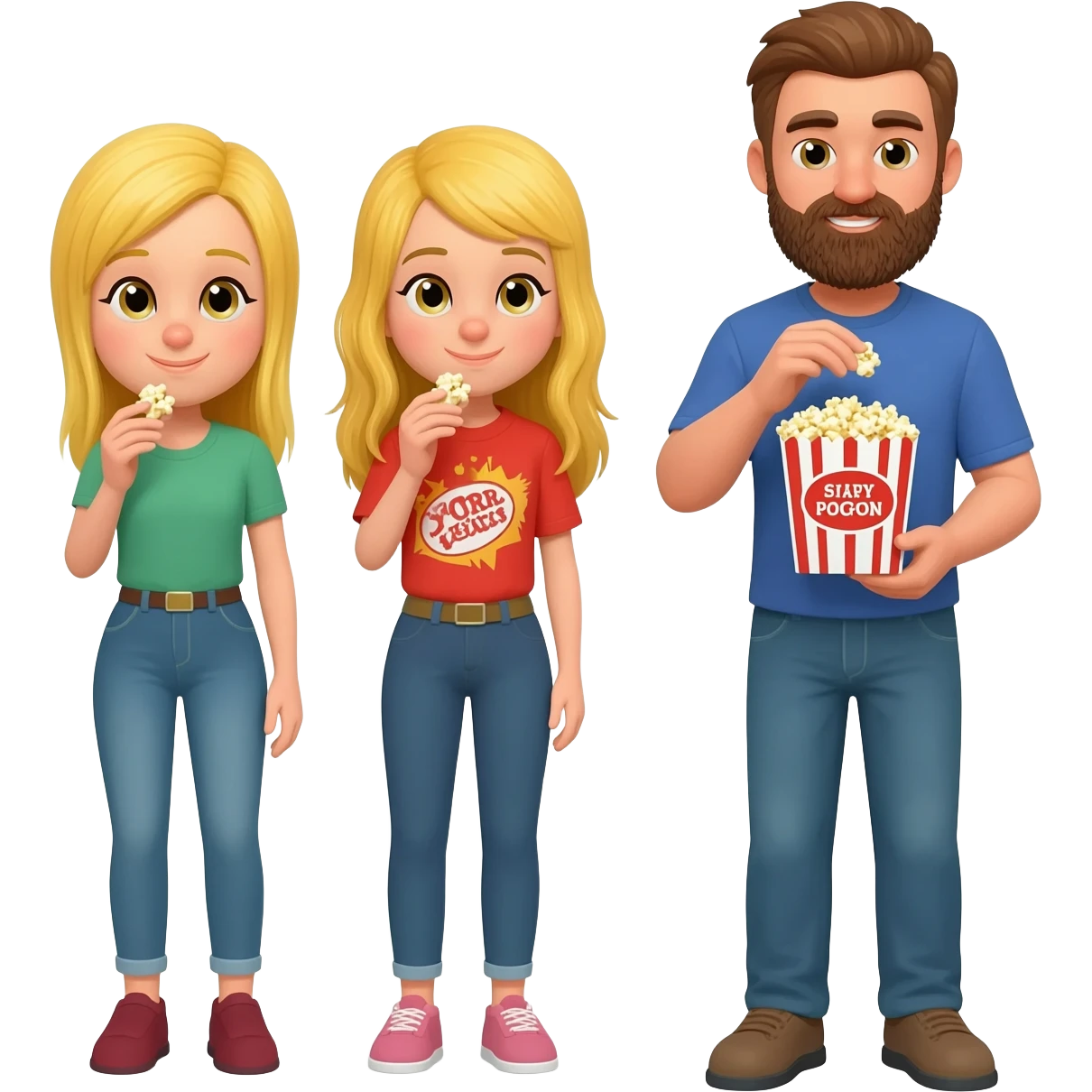 2  blonde girls and a guy with a beard standing eating popcorn emoji
