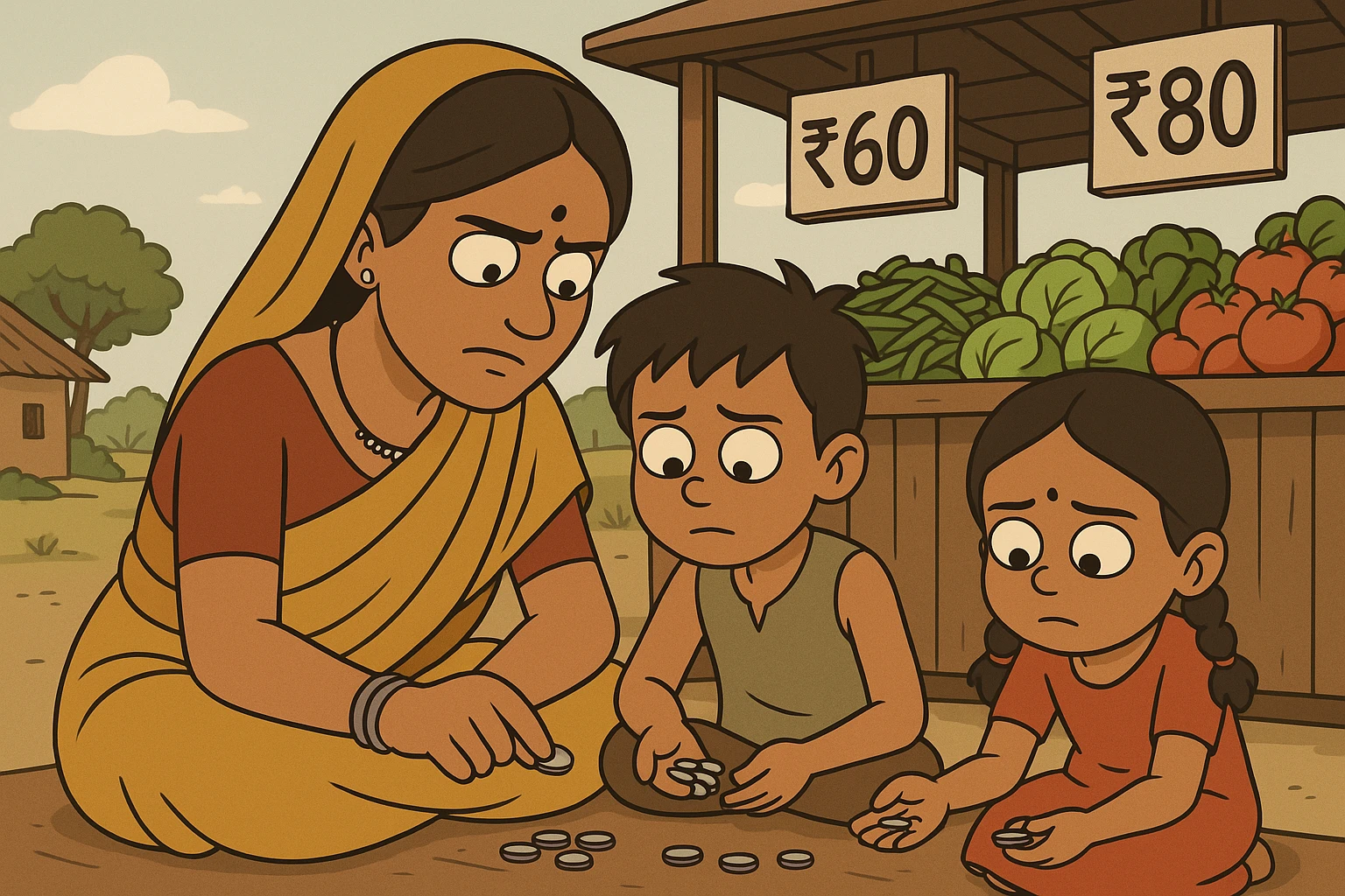 cartoon of a tribal Indian mother and children counting coins in front of a vegetable stall with expensive price signs, rural setting, simple clothing, expressive faces emoji