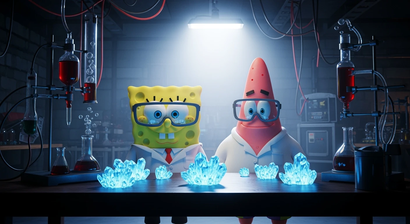 3D cienmatic cartoon shot, spongebob and patric dress in safety glasses and safe white outfit, the are standing front of table with blue crystals on table glowing (light source) science room in basement, back light, Cinema 4d render, proffesional lightning emoji