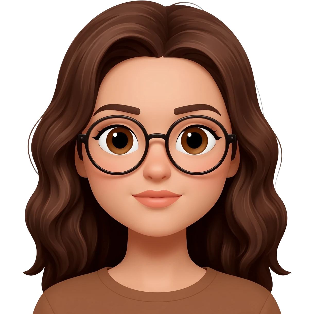 Faça uma menina de olhos grandes lábios um pouco fino, cabelos longos levemente ondulados castanhos com olhos castanhos pele morena e com óculos emoji