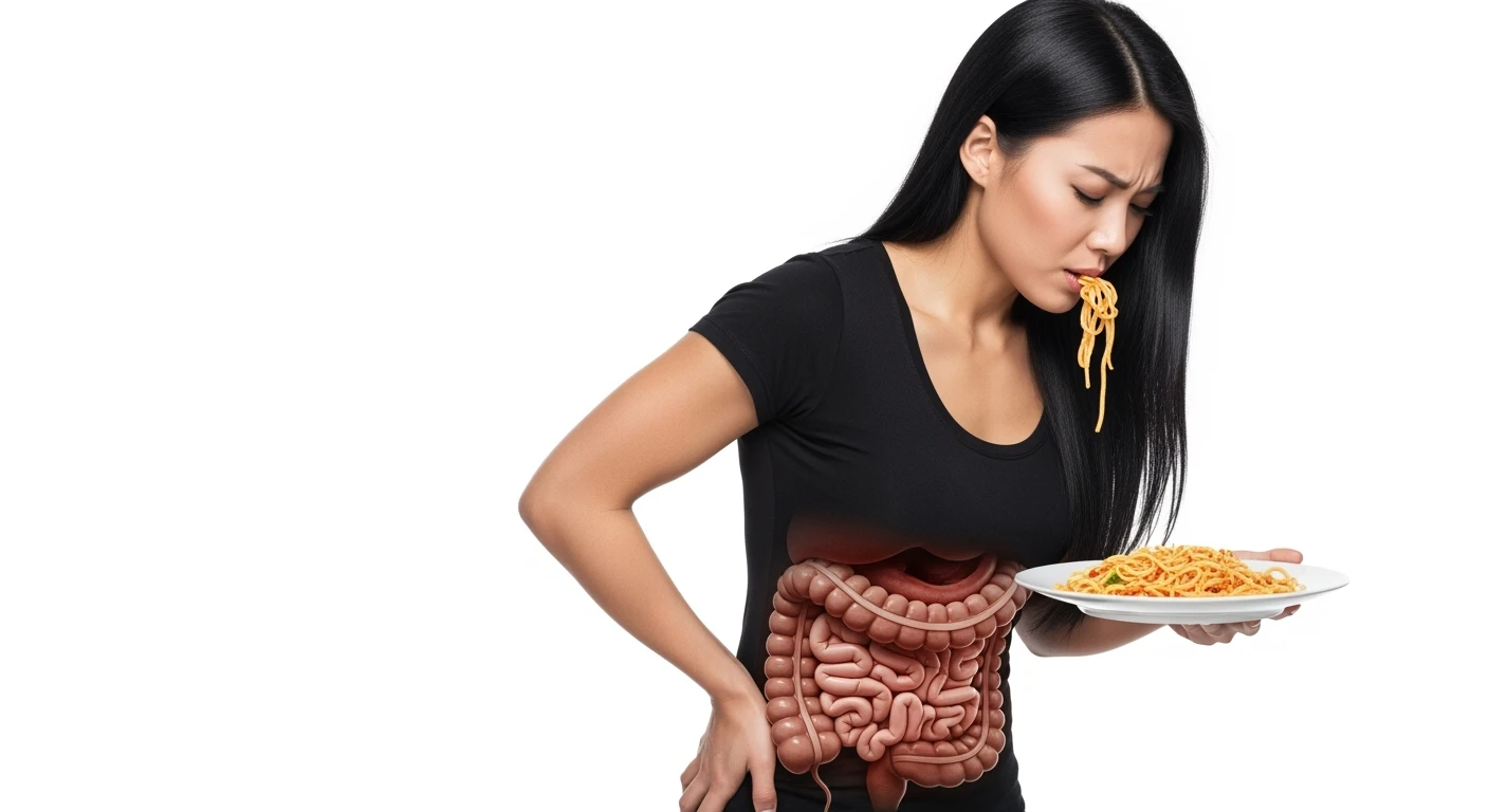 DONNA CHE TIENE UN PIATTO DI PASTA IN MANO MANGIATO PER METà, HA MAL DI PANCIA E INTESTINO UMANO ANATOMICO REALISTICO IN EVIDENZA, iperrealistico 4k, ISOLATA SU SFONDO BIANCO emoji