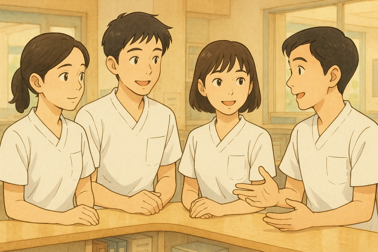 Four nursing students in a team, discussing in a care station, white short-sleeve medical tunics with V-neck and left chest pocket, no collar stand, no stethoscopes, nothing protruding from sleeves, characters with features from four new photos, style Ghibli emoji