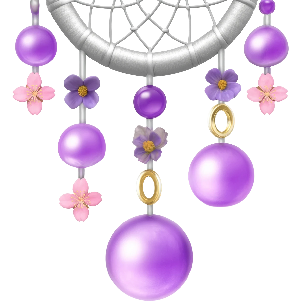 A silvery-white Dreamcatcher. with purple-round-orbs, gold-rings hanging down. purple flowers, pink sakura flowers, emoji